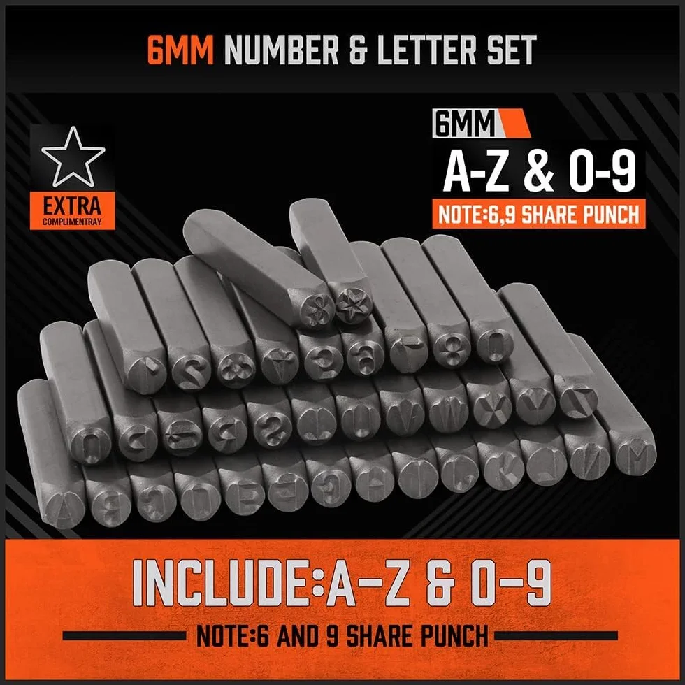 37 pezzi Set di timbri 6 MM (A-Z & 0-9) per metallo, pelle, legno, plastica, gioielli. Scalpello e punzoni per incidere numeri e lettere per artigianato e artigianato