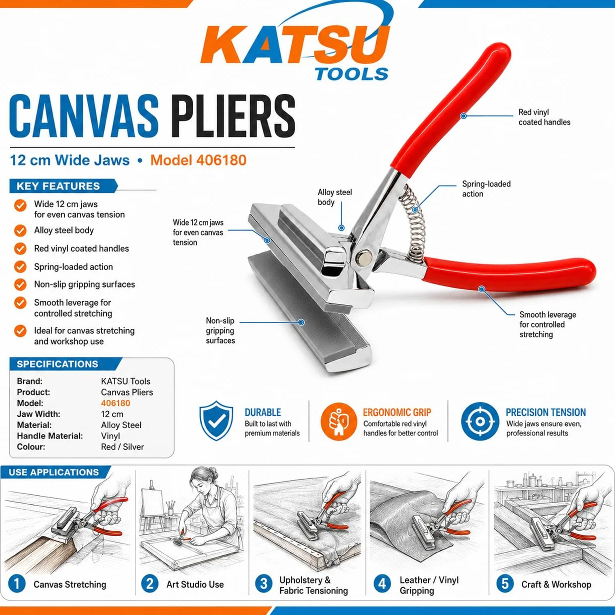 KATSU Pinza Tenditela 12cm Extra Larga in Metallo per Telaio, Cornici e Pittura a Olio Artistiche - Strumento 406180