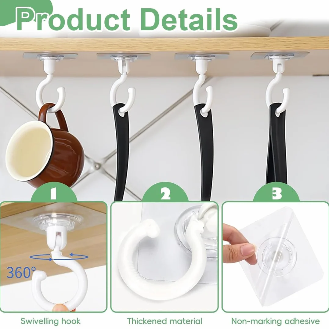 Gancio Girevole da Soffitto Autoadesivo 360° Non Foratura Impermeabile per Asciugamani Bagno Tende Cucina Ufficio 8 Pezzi Bianco
