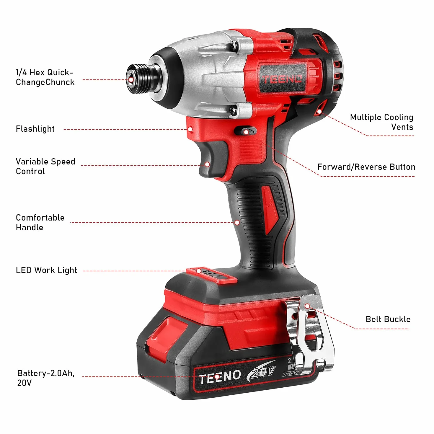 TEENO Kit 2-in-1 Trapano Percussore 45Nm Avvitatore a Impulsi 20V con Cassetta, 2 Batterie 2.0Ah, Caricabatterie Rapido, 25 Accessori