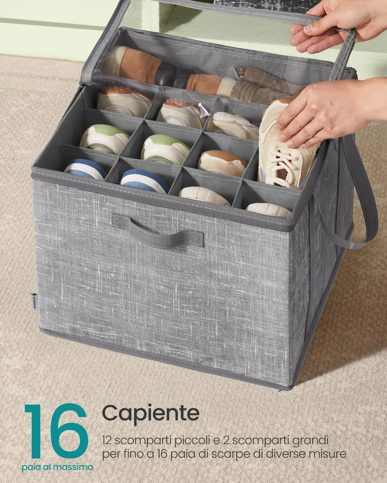 SONGMICS Organizer Scarpe, Set di 2, Ciascuno per fino a 16 Paia, Scatole Contenitori Scarpe, Maniglie, Coperchio Trasparente, per Camera da Letto Ingresso Armadio, Grigio Giunco LSP602G01