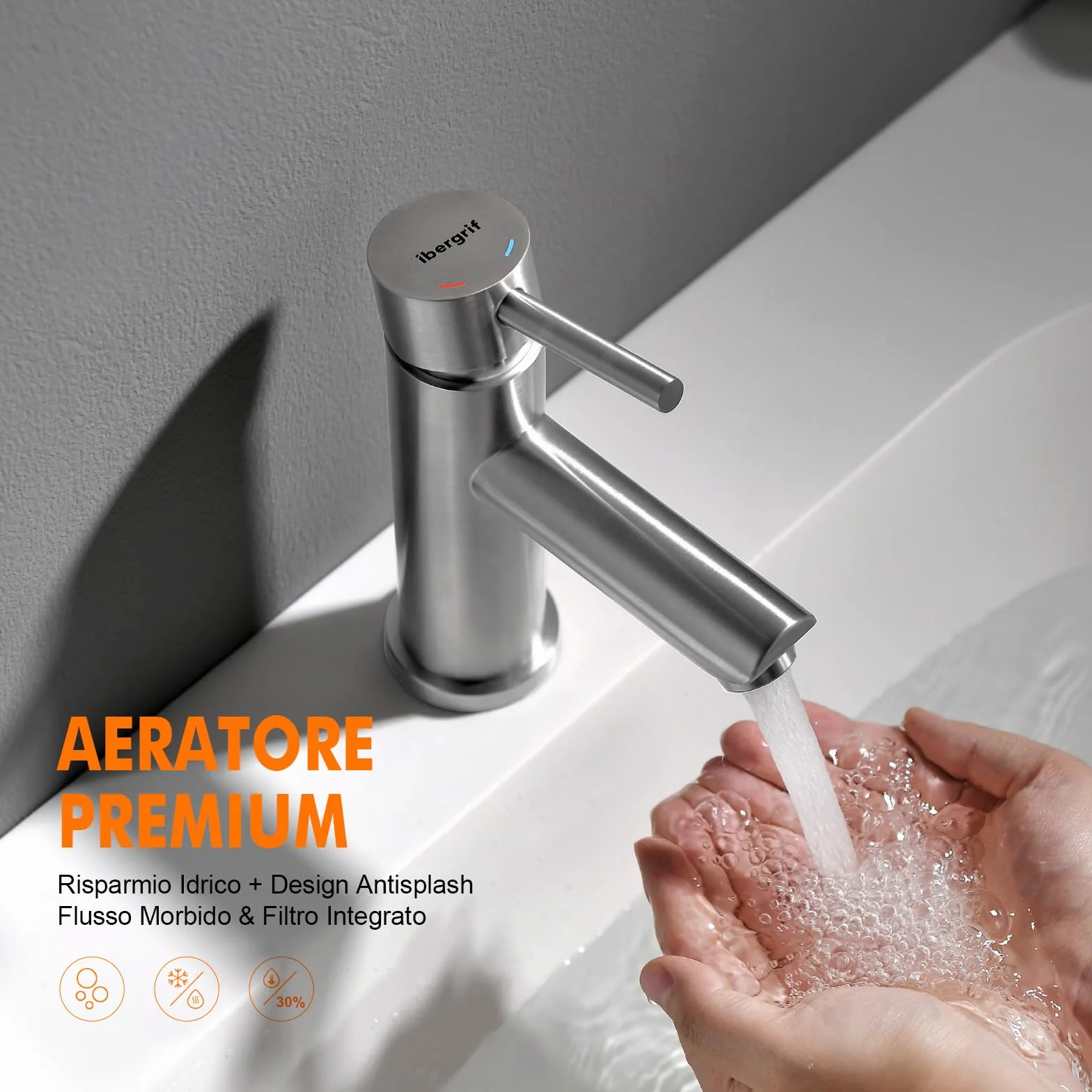 Ibergrif Rubinetto Bagno Lavabo Monocomando, Design Moderno in Acciaio Inox Antimpronta Grigio, Facile Installazione, M11103