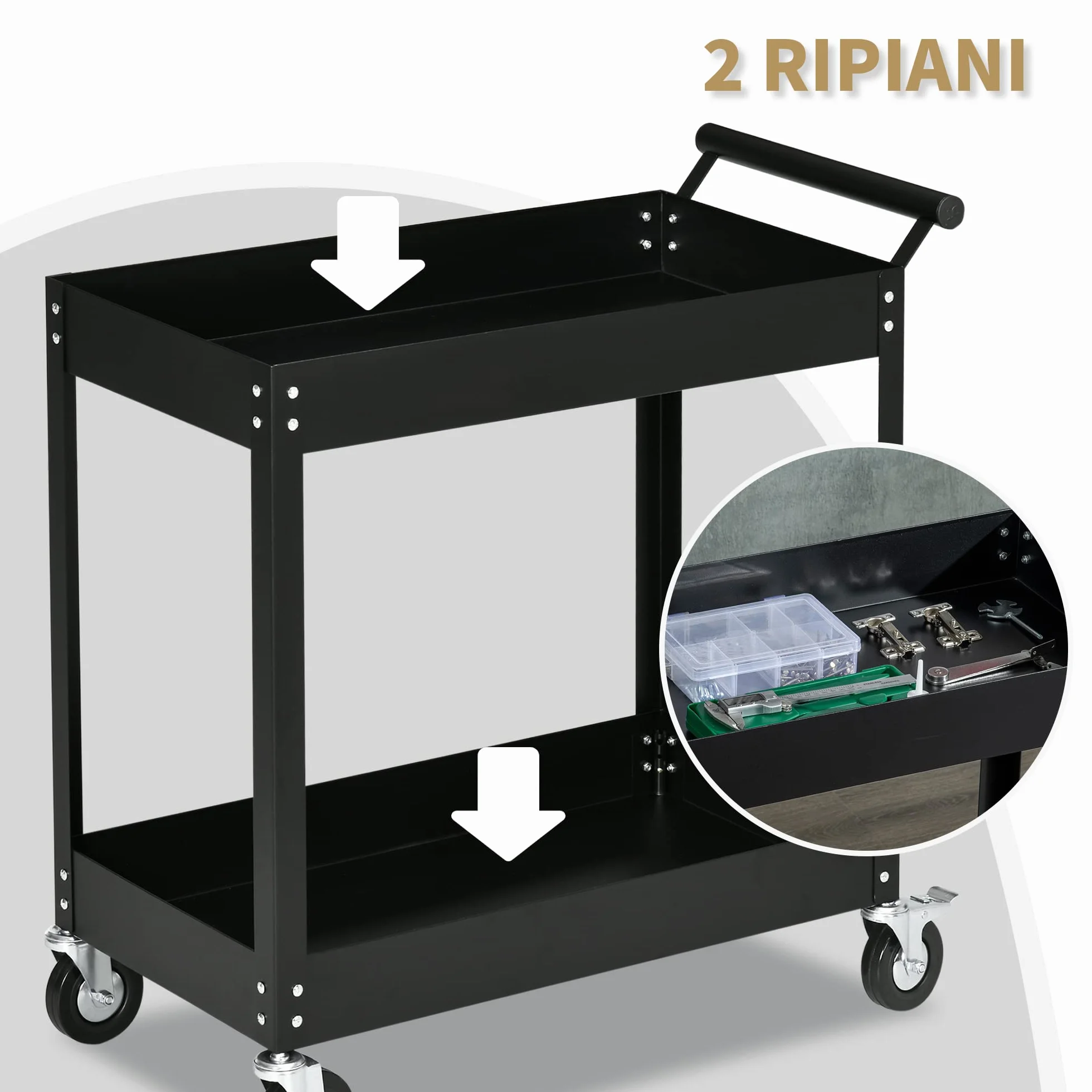 DURHAND Carrello Porta Utensili a 2 Ripiani, Officina Garage Acciaio 84.5x38x84cm Nero