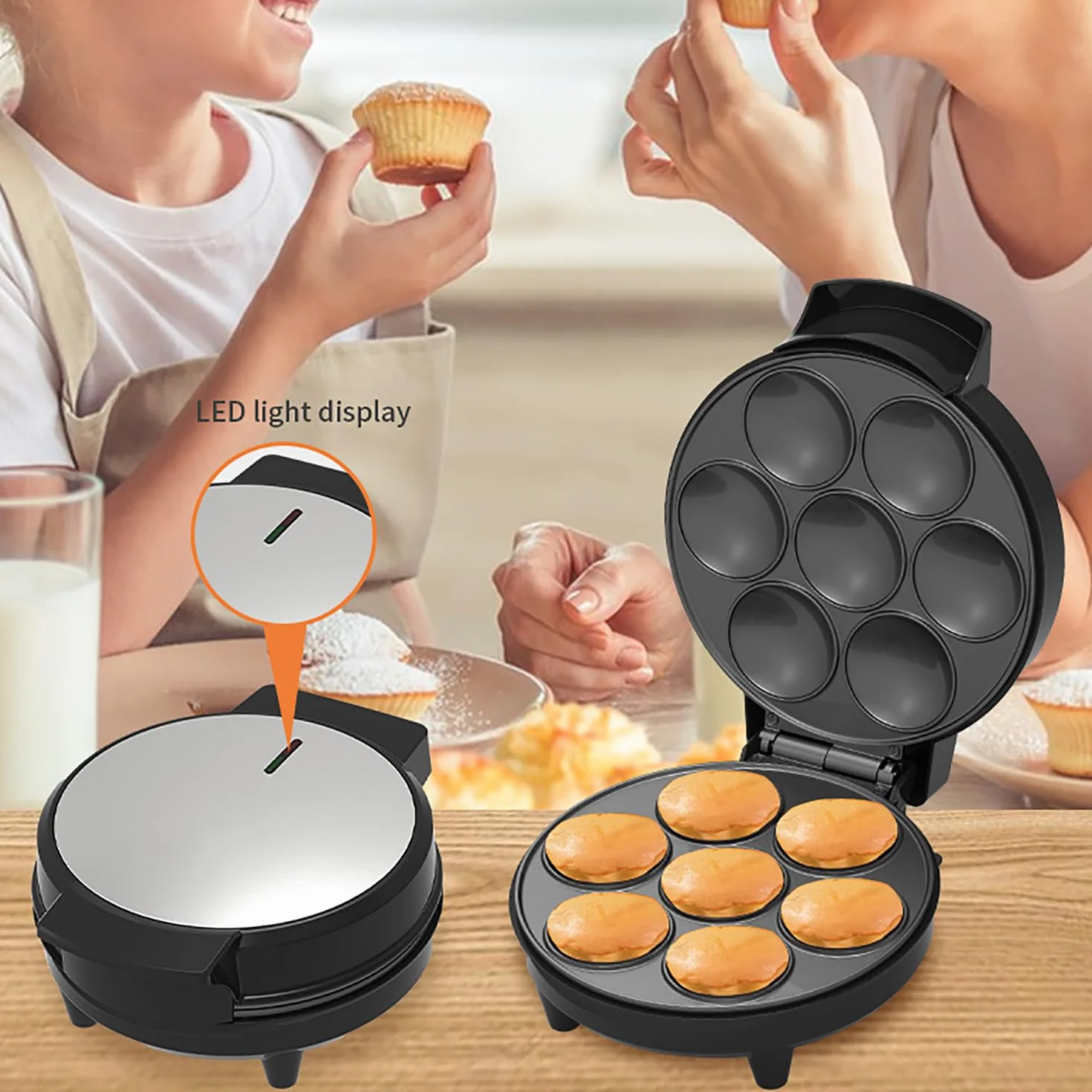 Macchina per cupcake elettrica, macchina per torte con rivestimento antiaderente da 1000 W, riscaldamento su entrambi i lati per 7 cupcake, adatta per cotture di compleanni, snack e dessert