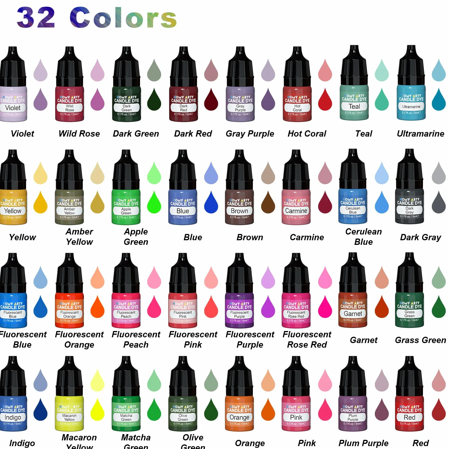 Homy Arty Coloranti per Candele 32 Colori, Fai da Te, Pintura a Base di Olio per Cera, Colorante Liquido Altamente Concentrato