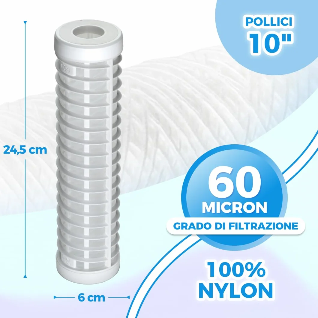 Cartuccia Filtrante per Filtro Acqua in Nylon 10 Pollici 60 Micron 1 Pezzo
