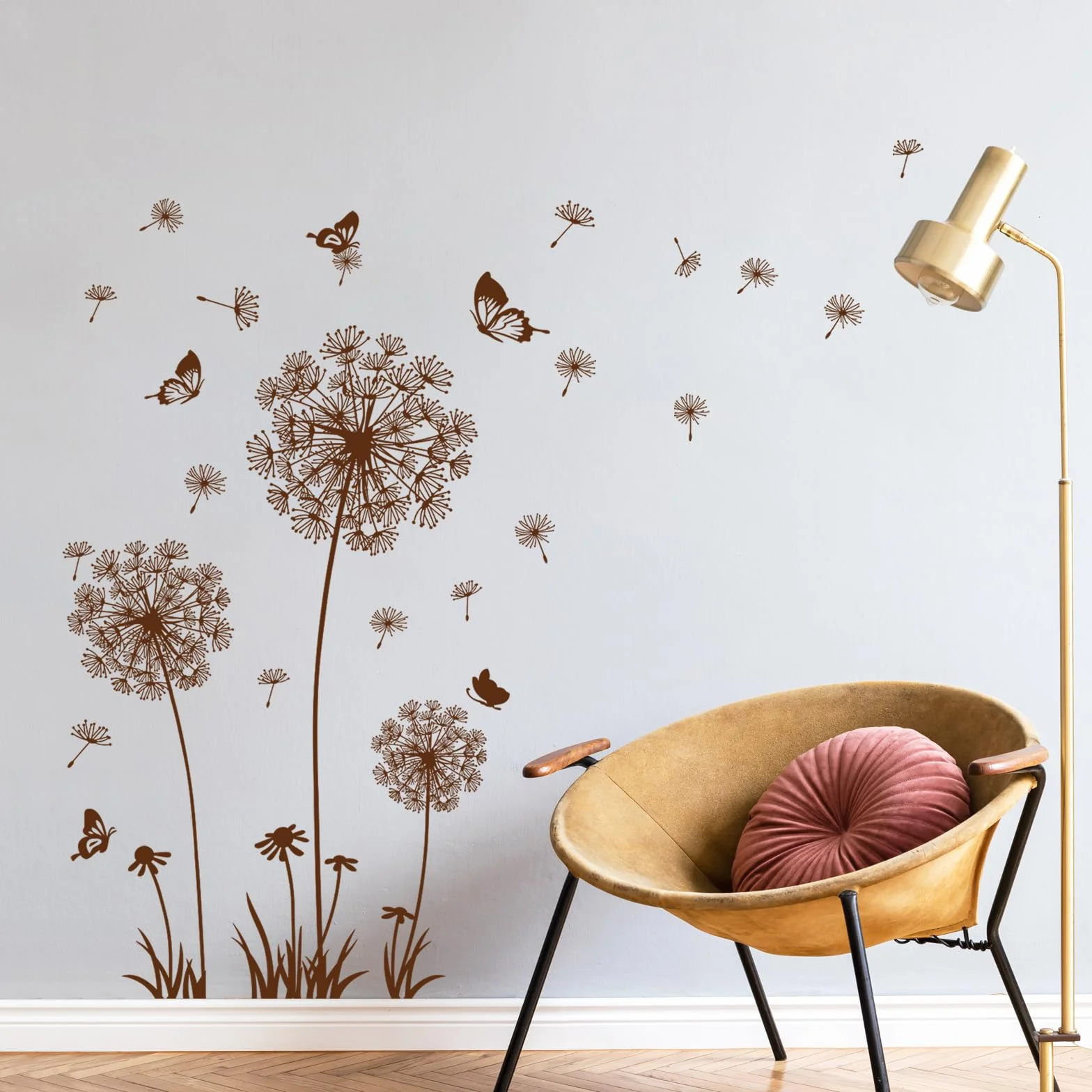 Tanlaby Denti di Leone Adesivi Murali Fiori Adesivi da Parete Tarassaco Farfalla Stickers Muro Removibili Per Camera da Letto Soggiorno Divano TV Decorazione Parete(marrón)