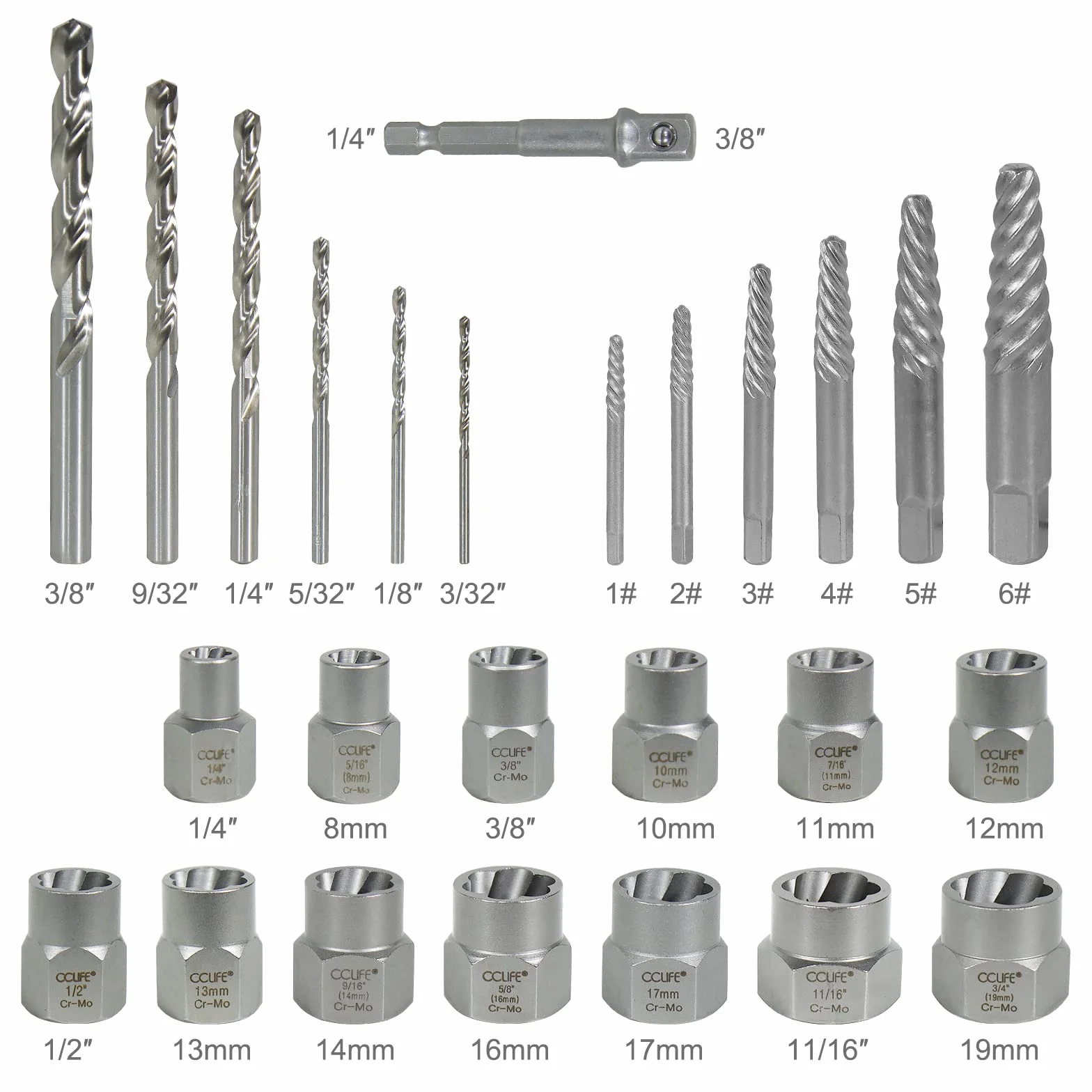 CCLIFE 26pcs Estrattori di bulloni antifurto a bussola Estrattore di dadi danneggiati Materiale Cr-Mo 8-19mm