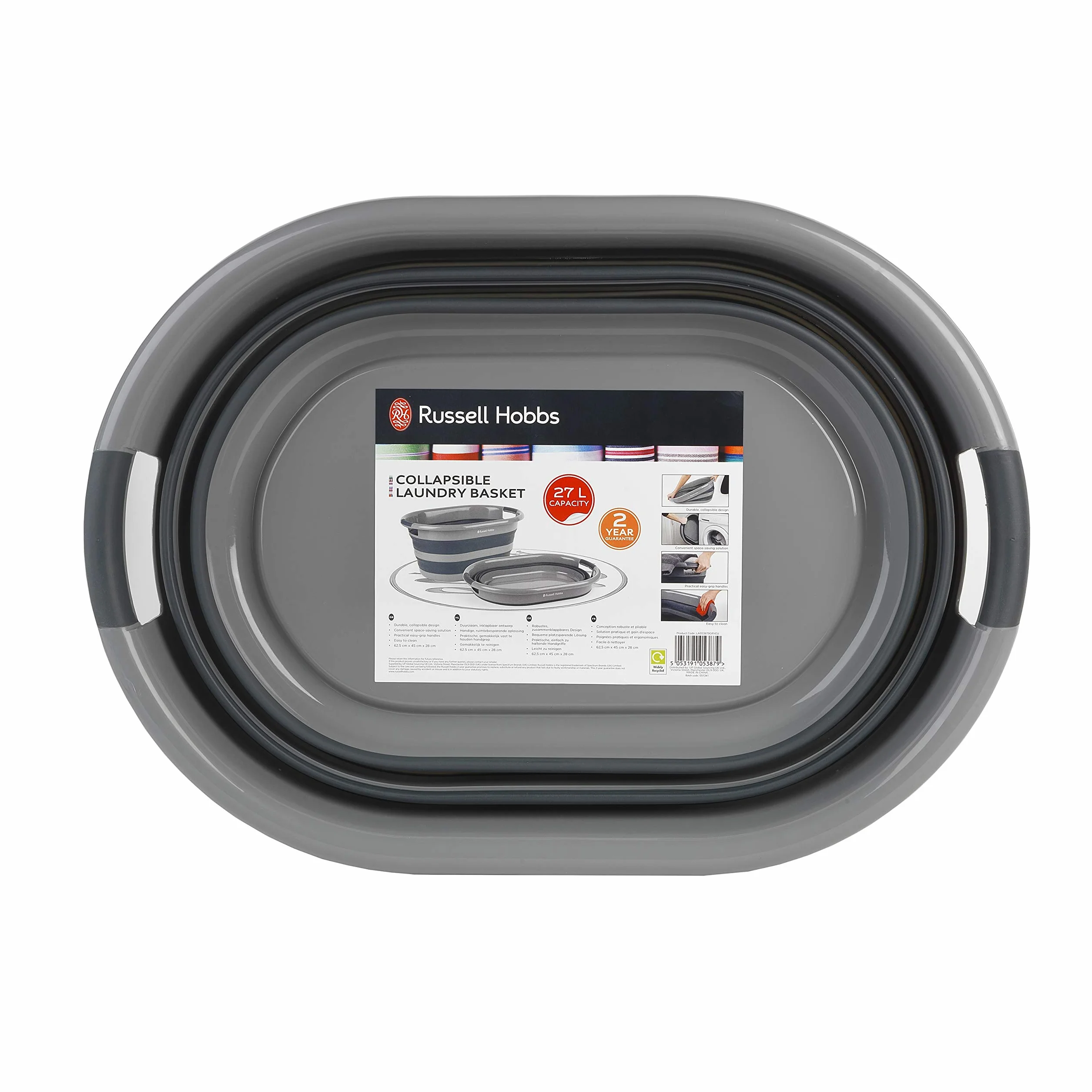 Russell Hobbs LA053879GRYEU cesto della biancheria in plastica con Maniglie di facile presa, 27L cestello di lavaggio, Design durevole e pieghevole, risparmio di spazio e facile da pulire, nero/grigio