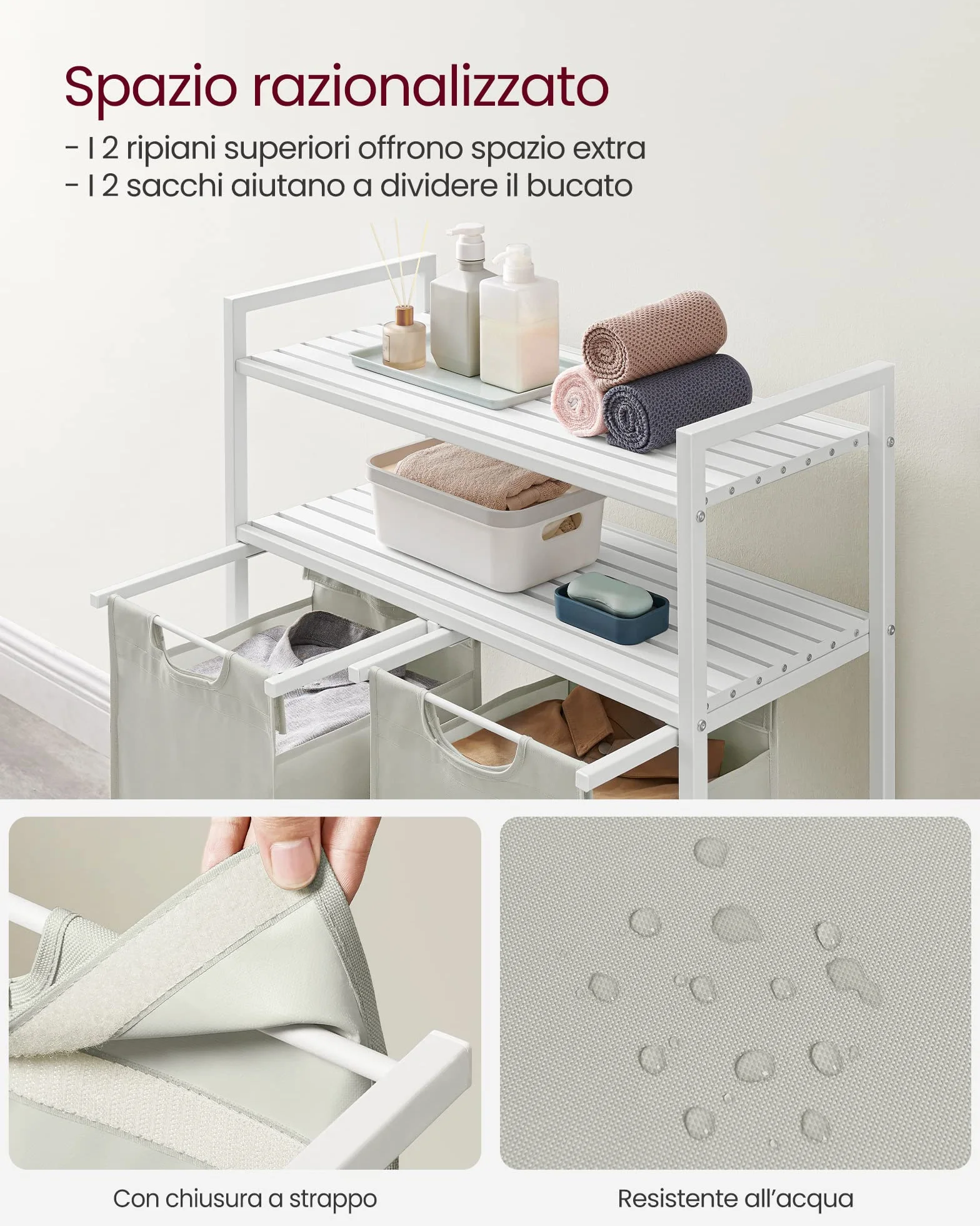 VASAGLE Cesto Portabiancheria, Porta Biancheria con 2 Sacchi Estraibili e Rimovibili, 2 Ripiani Portaoggetti, 46L per Sacco, per Bagno, Lavanderia, Bianco BLH211W01