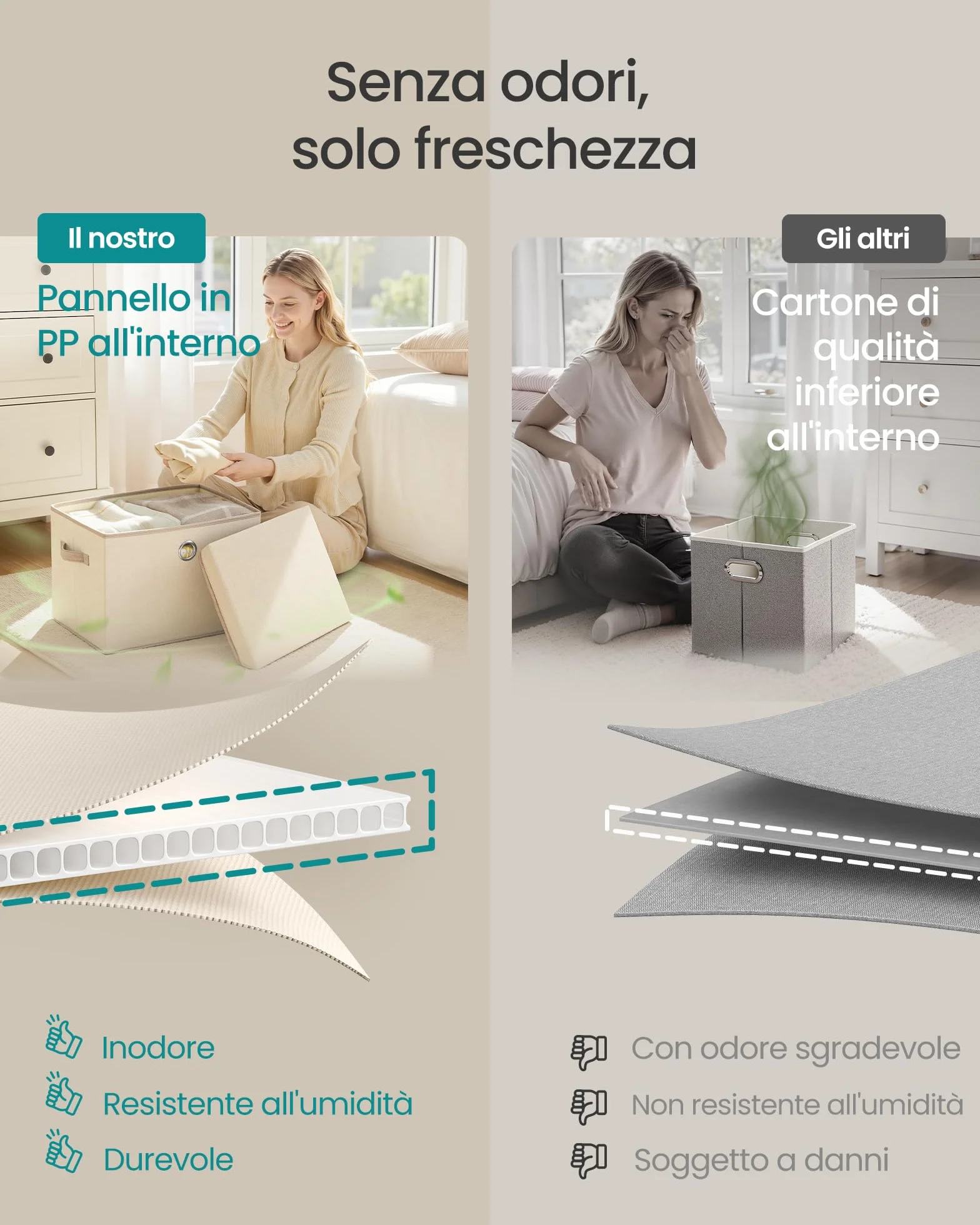 SONGMICS Scatole Portaoggetti con Coperchio, Set di 3 Contenitori in Tessuto, Pieghevoli e Impilabili, 43 x 30 x 30 cm, Beige Cappuccino