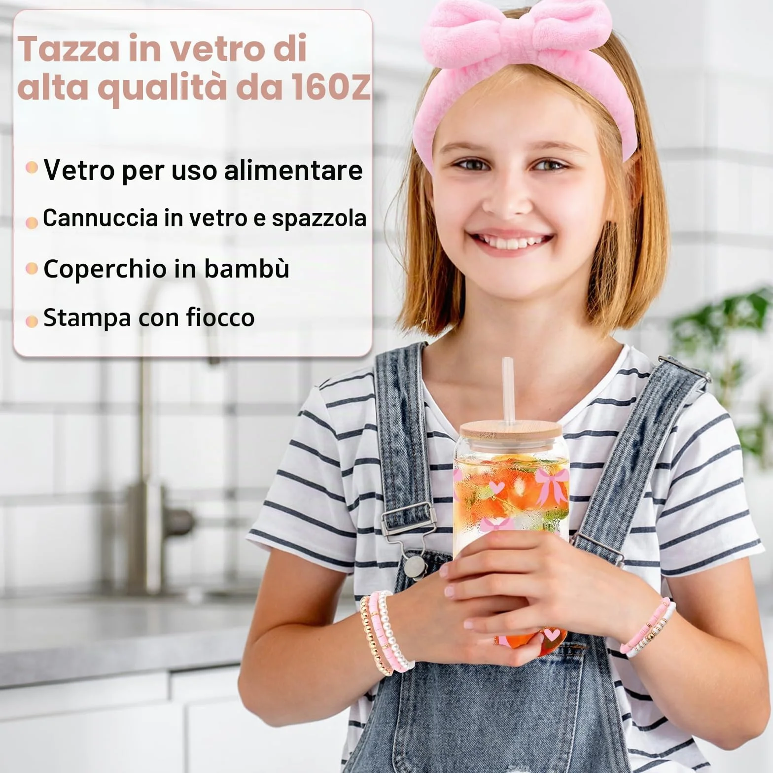 Regali per Ragazze di 8-15 Anni, Tazza di Vetro con Coperchio e Cannuccia, Stampa Fiocco