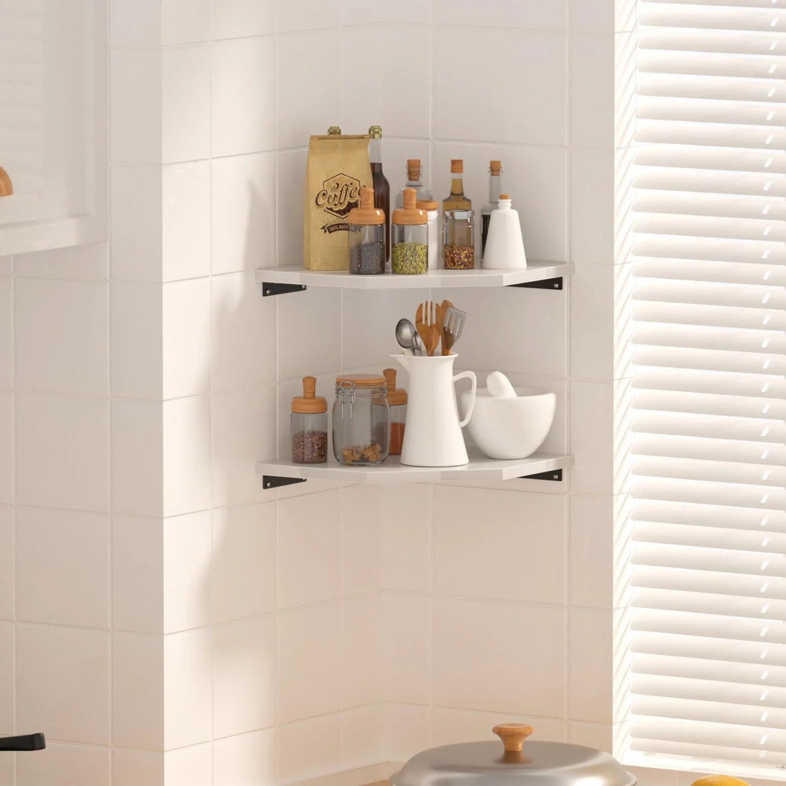JJL Set di 2 Mensole Angolari da 30 cm, da Parete, con Foro per Filo, 33,7 cm di Profondità, Mensole da Parete per Decorazione Angolo Parete del Soggiorno, Bianco