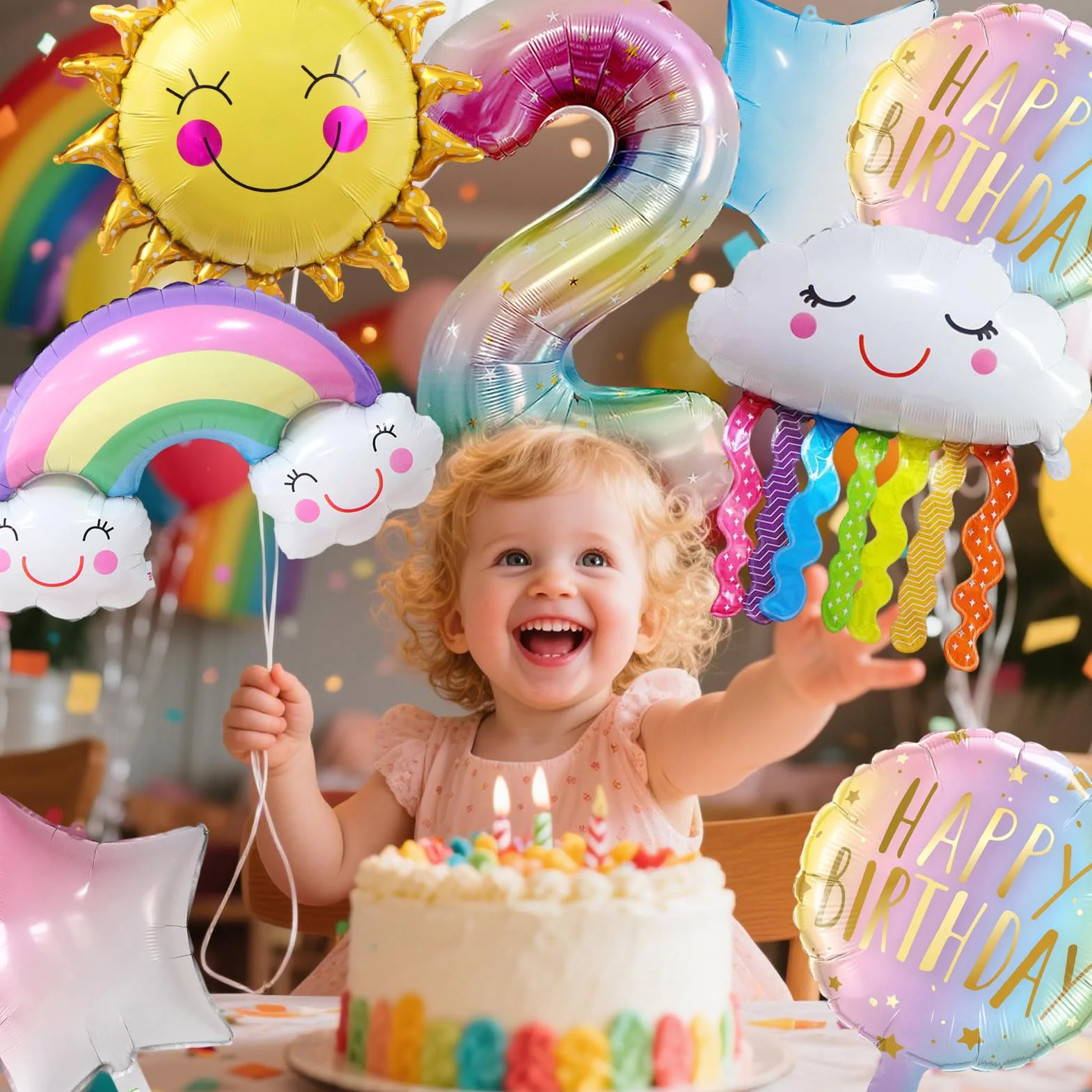 Palloncini Arcobaleno 2 Anni 8 Pezzi, Palloncino Foil Compleanno Bambina
