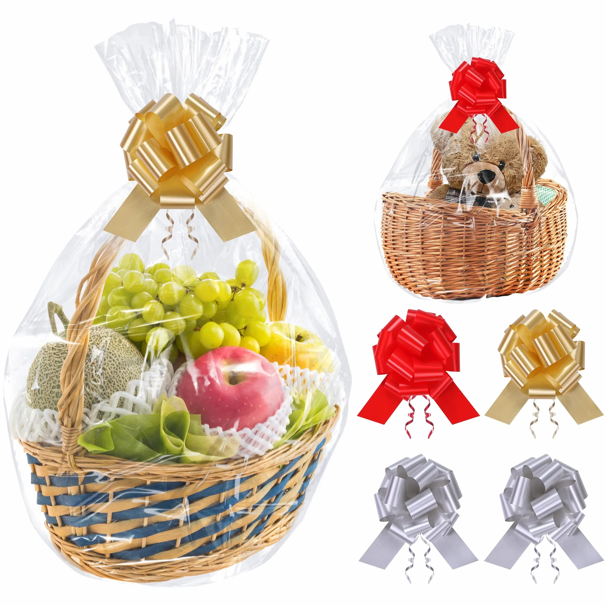 GXFCING Set di Sacchetti Grandi in Cellophane per Cesti Regalo, Inclusi 6 Sacchetti di Plastica da 100 x 70 cm e 6 Fiocchi e Lacci, Sacchetti di Carta Trasparenti per Cesti e Bouquet
