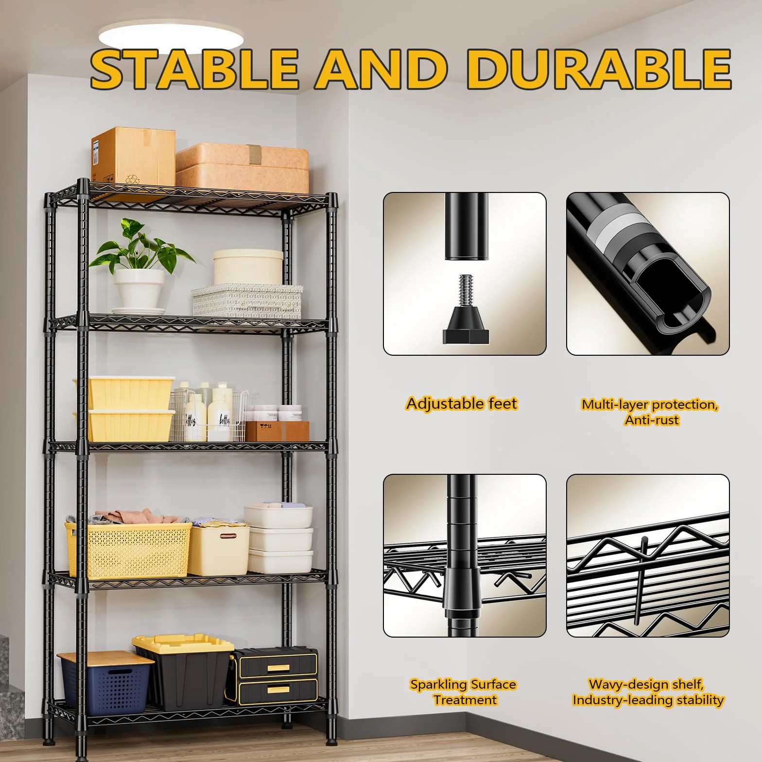 M MZG Scaffale in metallo a 5 ripiani, 567 kg, resistente, per armadio, garage, cucina, bagno, lavanderia, nero, 40 x 85 x 173,9 cm