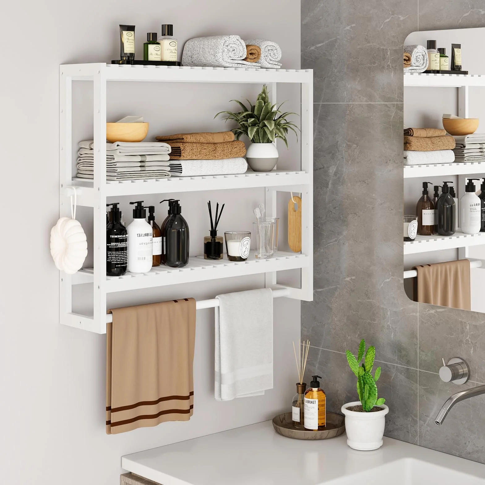 Mensola portaoggetti da bagno, 15 cm di profondità x 50 cm di larghezza x 53,2 cm di altezza, 3 livelli regolabili, montaggio a parete in bambù con barra, scaffale bianco, asta appendiabiti per bagno