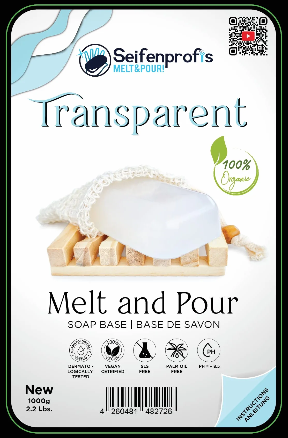 Sapone base alla glicerina (privo di SLS), trasparente, 1kg Transparent