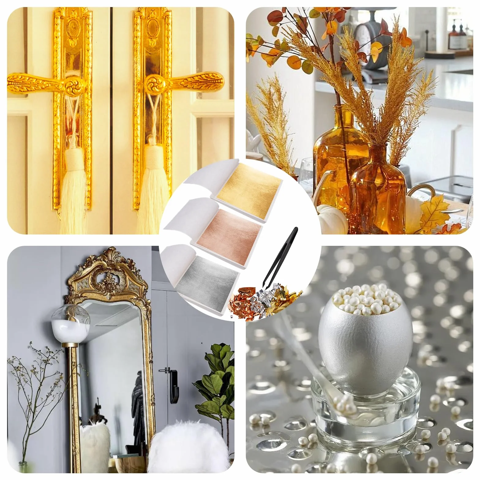300 Pezzi Foglia Oro Imitazione Decorazione, 8 x 8,5 cm Fogli di Alluminio Dorati, Foglia D'oro Lamina D'oro Oro Rosa Argento, Foglie Imitazione con Pinzette, Ideali per Artigianato, Nail Art, Pittura