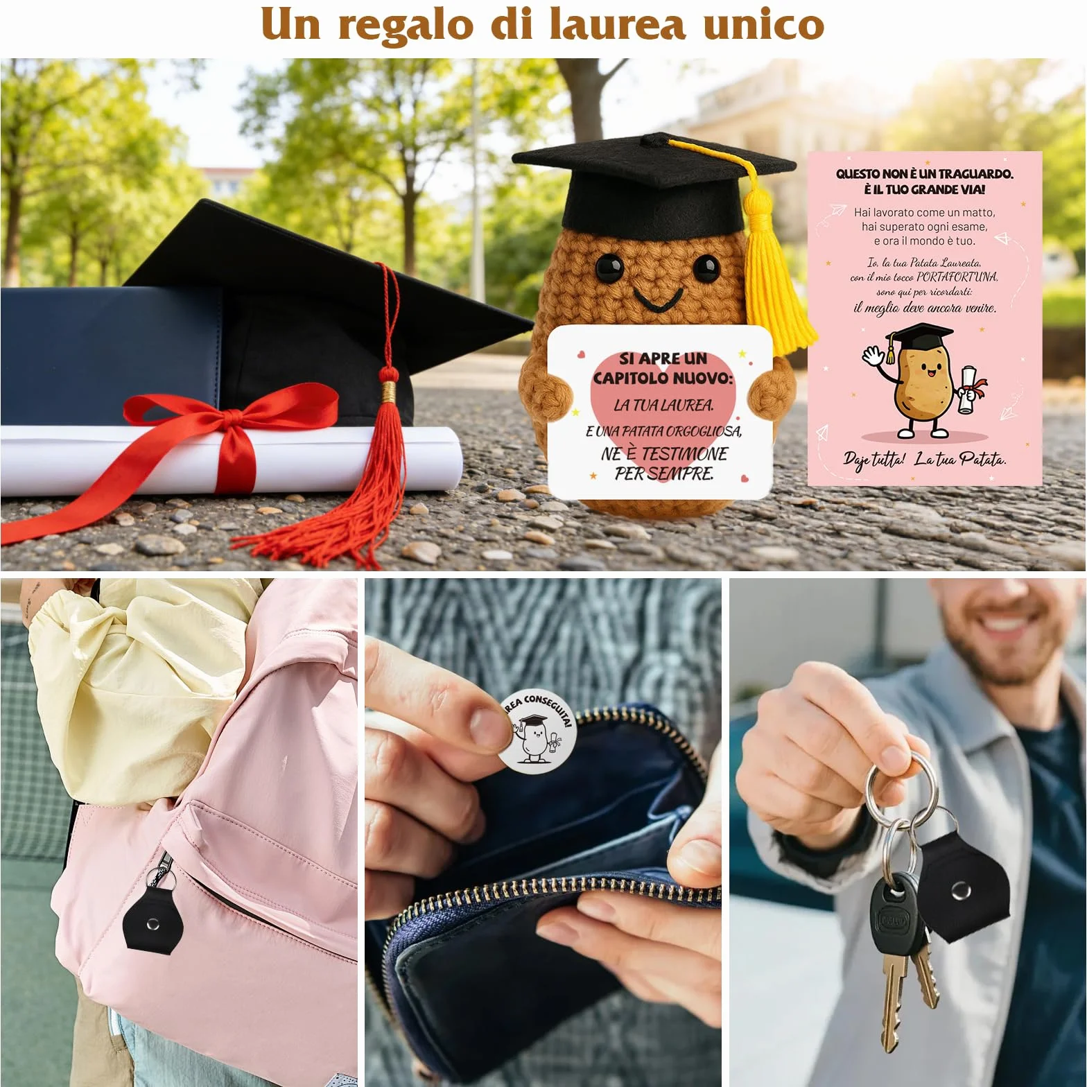 Regalo Laurea Patata Incoraggiante all'Uncinetto a Mano - Pocket Hug Patata Fortunata con Portafortuna Esami e Biglietto di Auguri