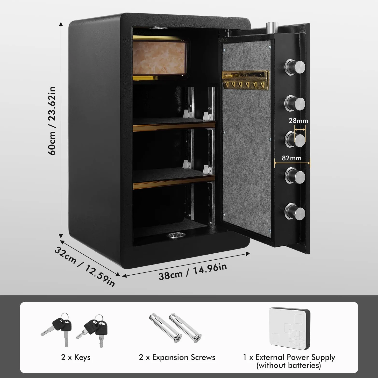 Sararoom Cassaforte in acciaio, 73 l, sicurezza per casa, cassaforte per mobili, cassaforte per hotel, 60 x 32 x 38 cm, con blocco tastiera digitale, ripiano rimovibile, ignifugo, impermeabile per