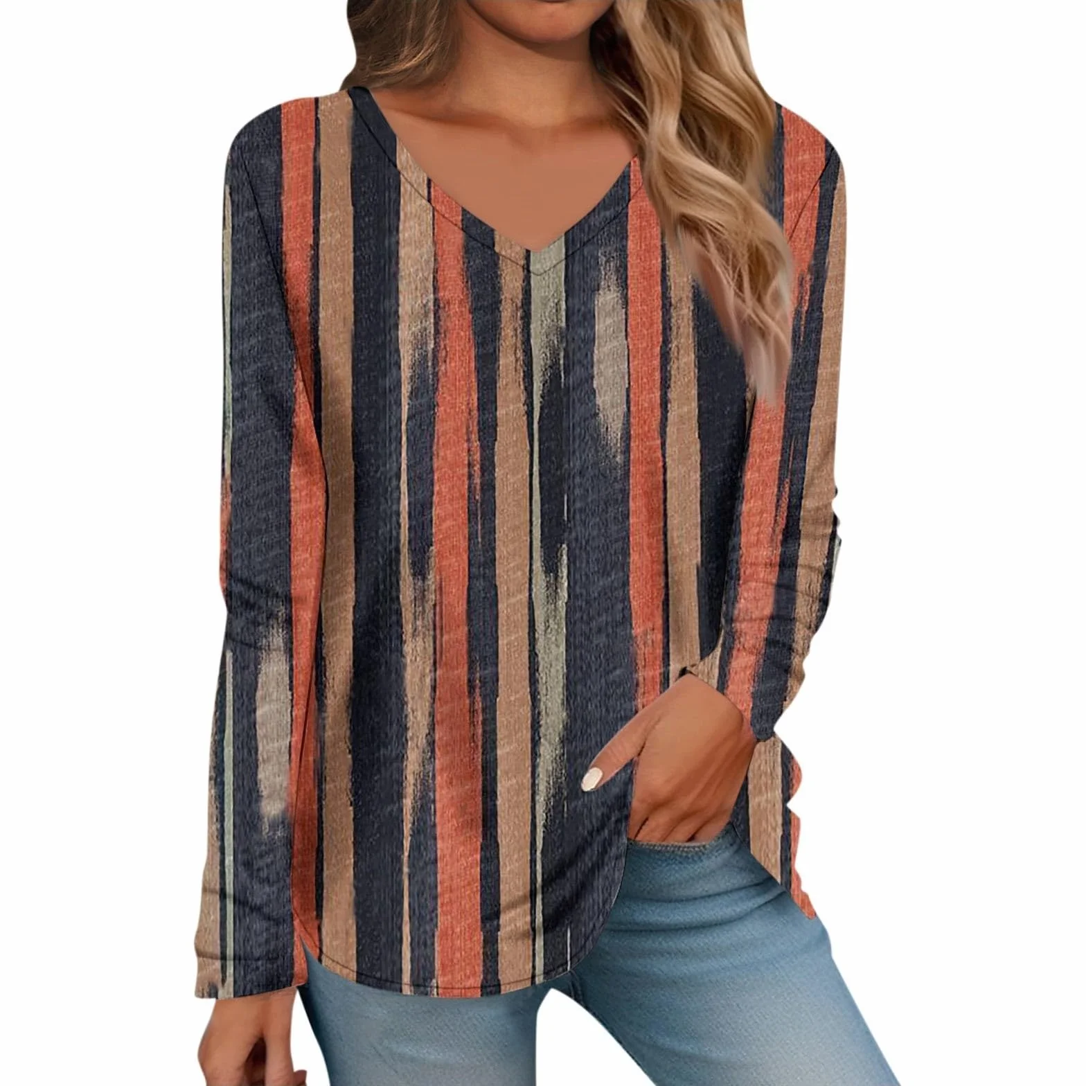 Maglietta da donna a maniche lunghe con scollo a V, stampa floreale e vegetale, casual, alla moda, top basi, maglietta a maniche lunghe da donna