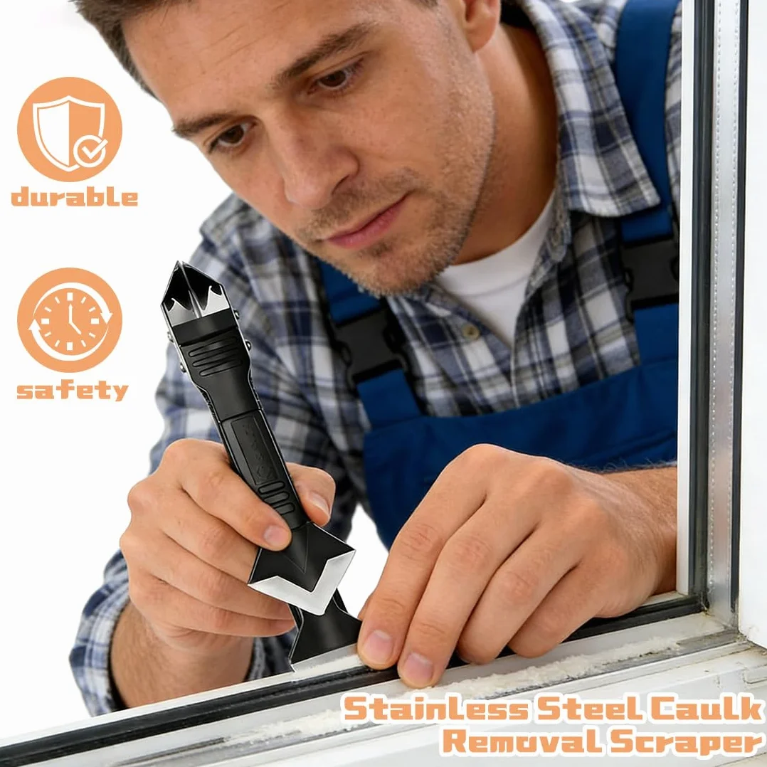 1 Raschietto Silicone Professionale 5 in 1 con 4 Testine, Kit Strumento per Calafataggio e Rimozione, Ideale per Piastrelle, Vetro, Piani di Lavoro in Cucina e Bagno