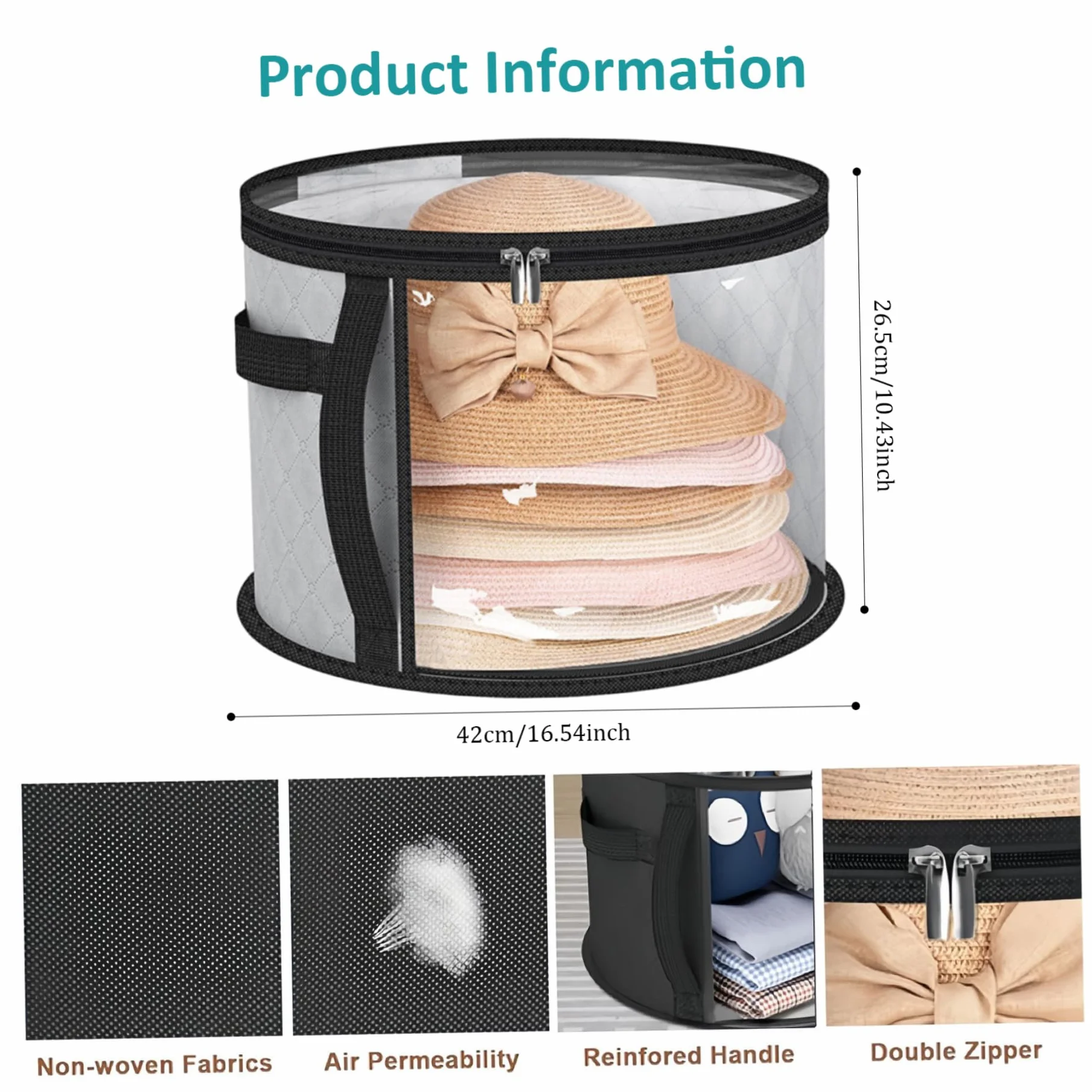 Cappelliera, Scatola per cappelli trasparente di grandi dimensioni con cerniera per riporre le donne, Organizer per cappelli con maniglia portatile per l'organizzazione dei viaggi e dell'armadio, G
