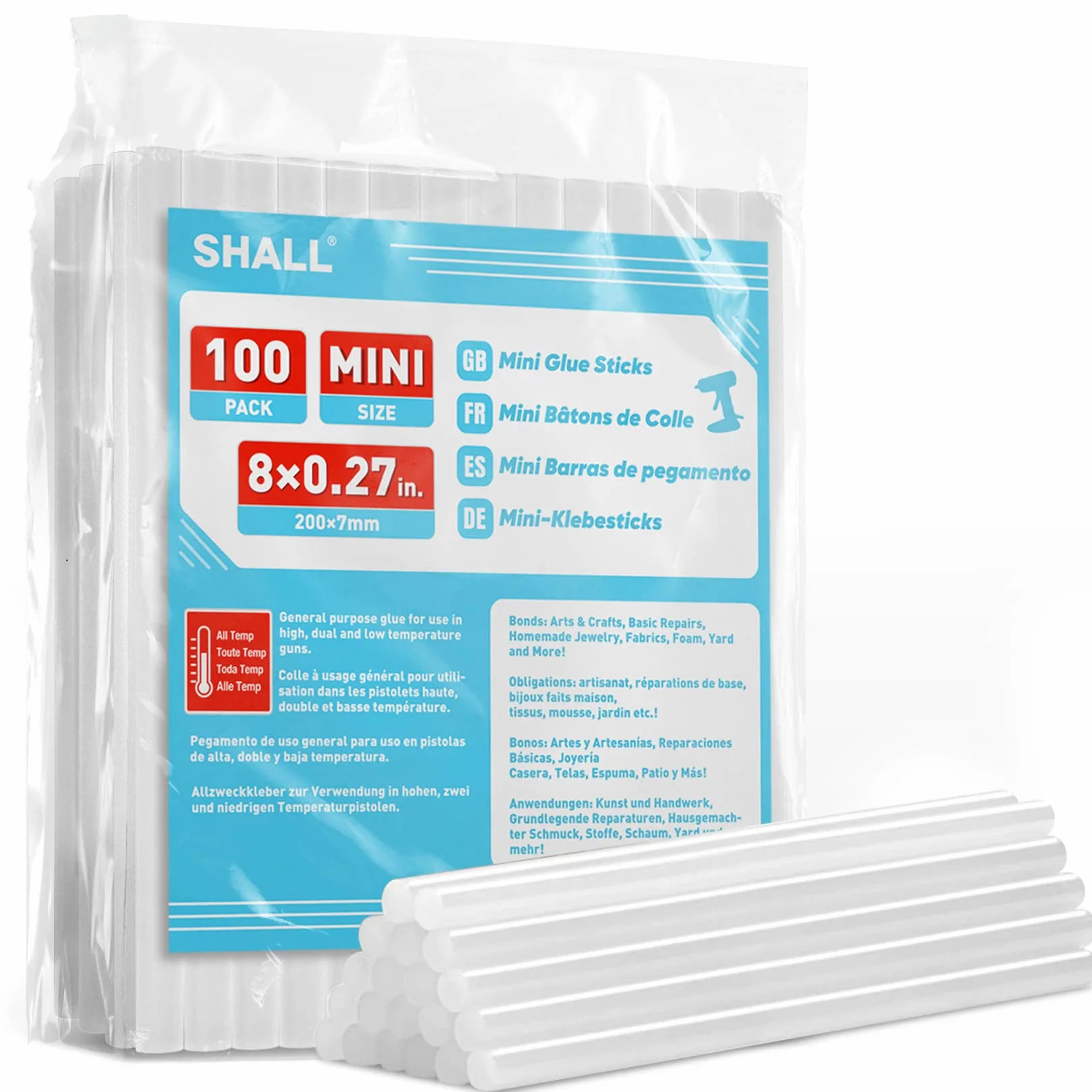 SHALL mini bastoncini di colla a caldo, 0,27" x 8" （7mm x 200mm）, confezione da 100 bastoncini trasparenti per pistola per colla a caldo, multiuso per bambini e adulti per il fai-da-te