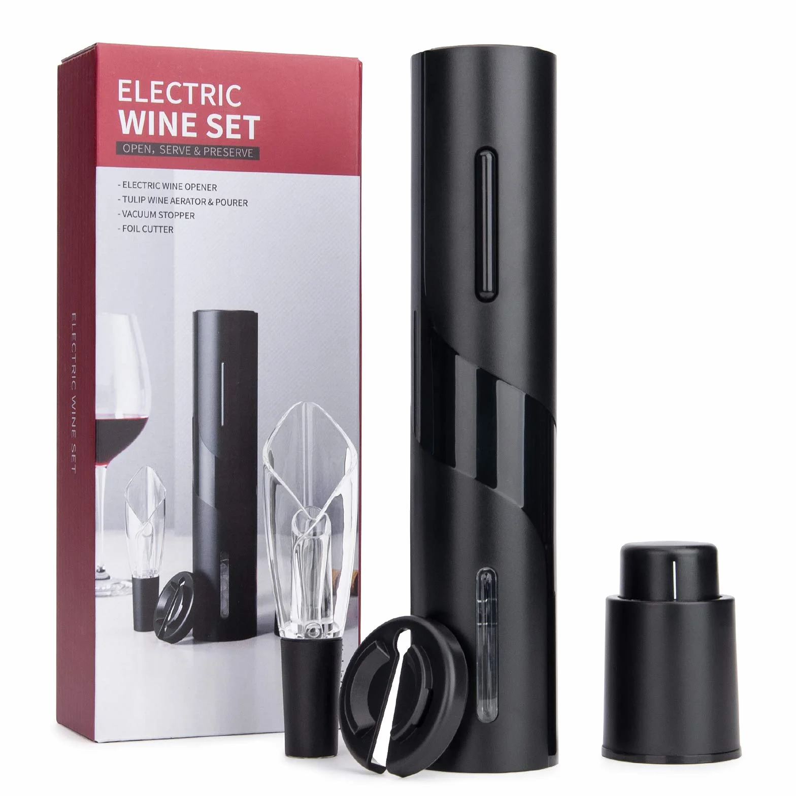 Mafiti Cavatappi elettrico per vino, Apribottiglie elettrico con Taglierino,Tappo,Versatore,Set regalo Cavatappi elettrico Professionale con 4 accessori in 1 per vino rosso