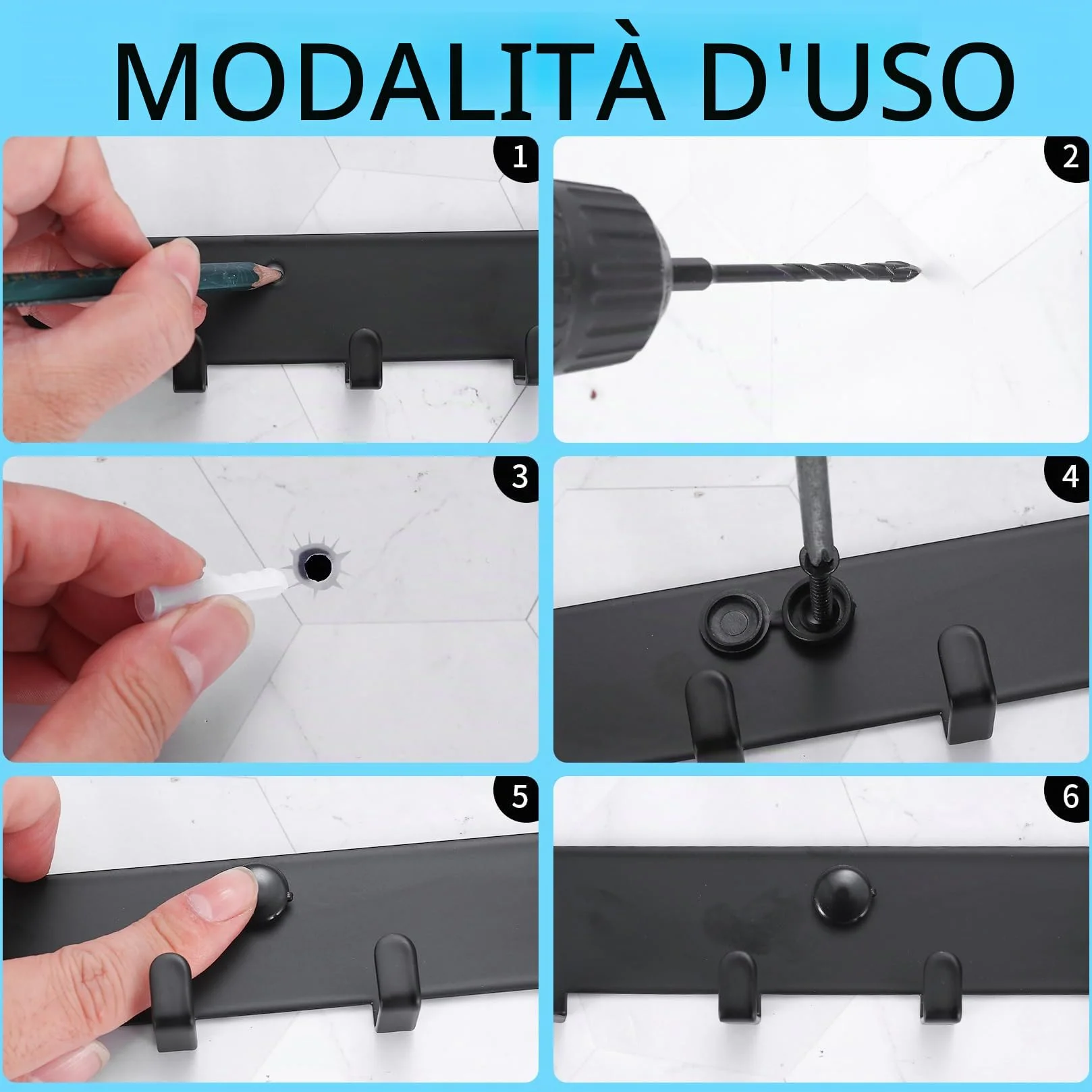 Portachiavi da parete in metallo nero 8 ganci per corridoio cucina camera da letto