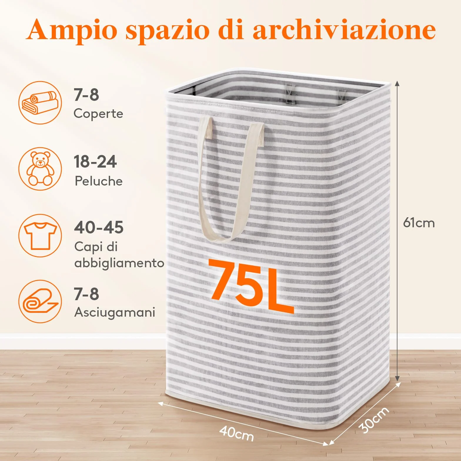 Lifewit Cesto Portabiancheria, Cesta Portabiancheria Pieghevole, Portabiancheria Sporca con Manici Allungati, Laundry Basket per Camera da Letto, Bagno e Lavanderia75L, Grigio