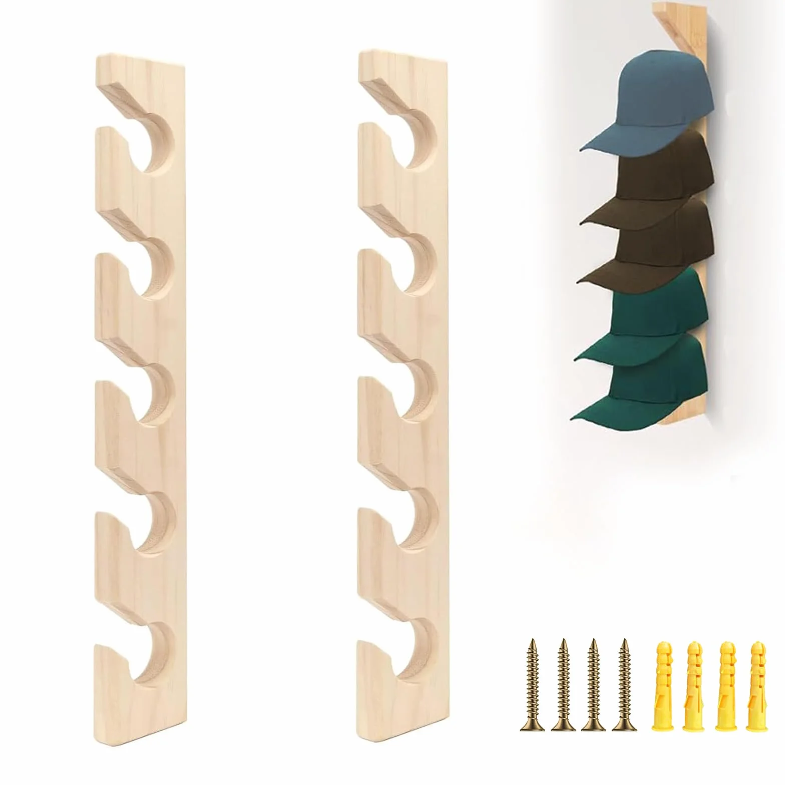 Porta Cappelli da Parete in Legno 2 Pezzi Espositore per Sciarpe e Cappellini da Baseball Organizer Ganci