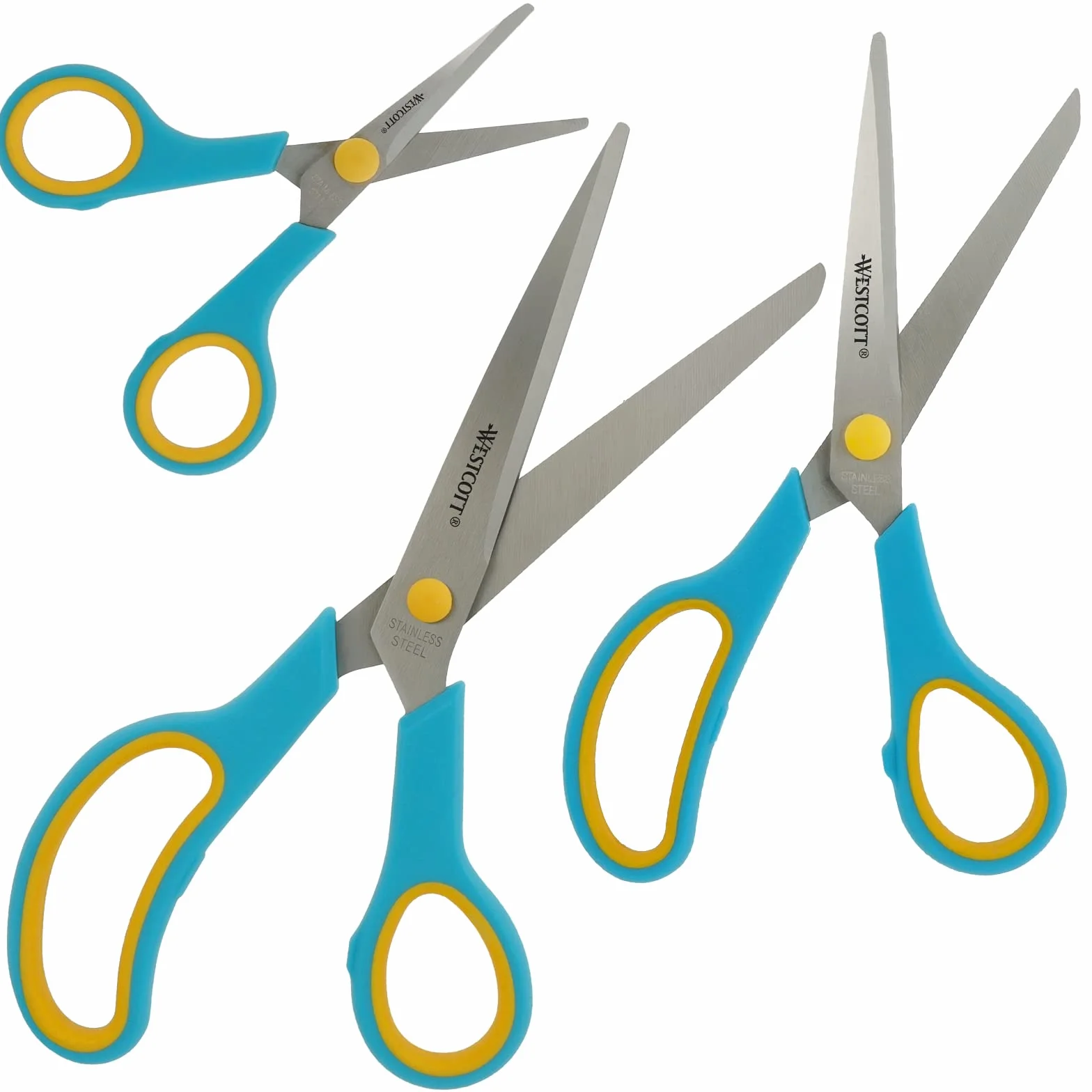 Westcott Easy Grip Scissors 3 pezzi Turchese | Set di 3 forbici universali con impugnatura confortevole | Lama in acciaio inox extra affilata e resistente | Forbici per casa e ufficio | N-90028 00