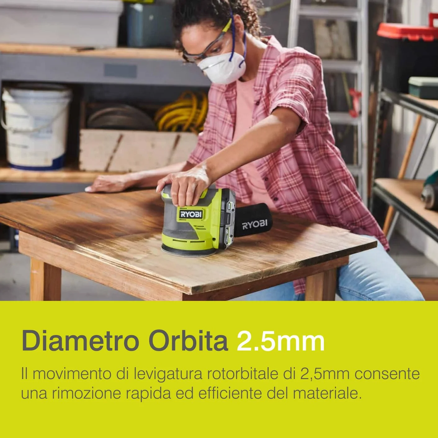 Ryobi Levigatrice Rotorbitale 18V ONE+, Diametro Disco 125mm, Velocità 10.000 Giri/Minuto, Diametro Orbita 2.5mm, 20.000 Oscillazioni al Minuto, Senza Batteria e Caricatore, RROS18-0
