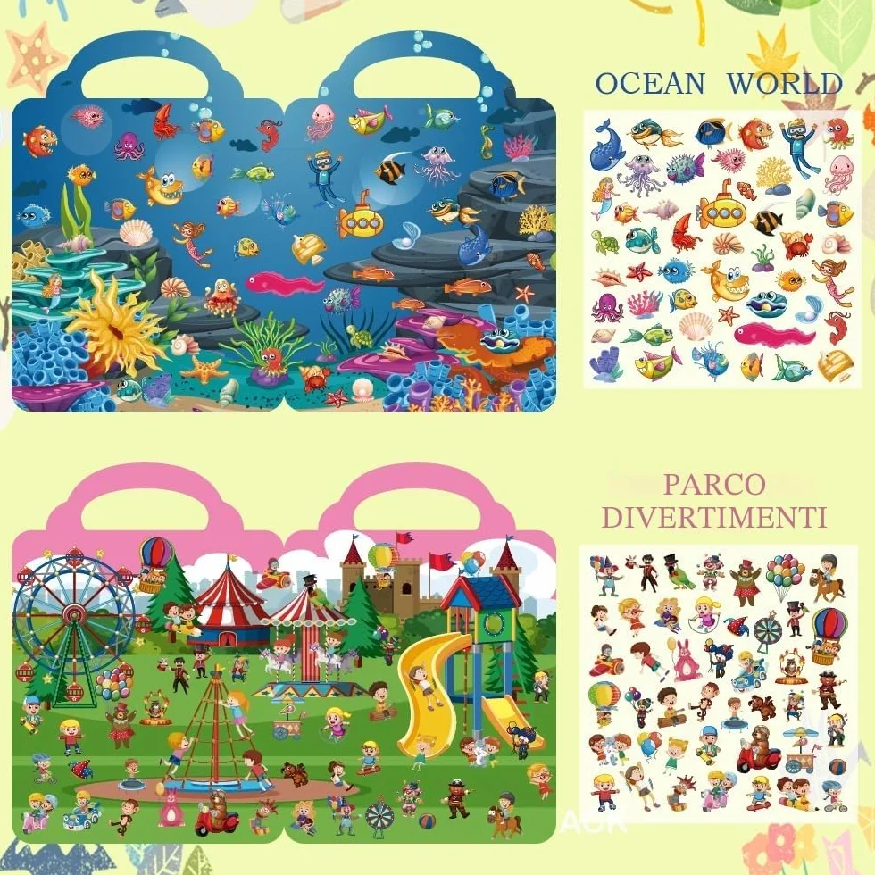 6 Pezzi Libri Stickers Bambini Attacca Stacca Per 2 3 4 5 Anni, Libro Di Adesivi 3D Riutilizzabili Per Bambini include Animali,Fattoria, Dinosauri,Animali Del Mare, Insetti, Parco Divertimenti
