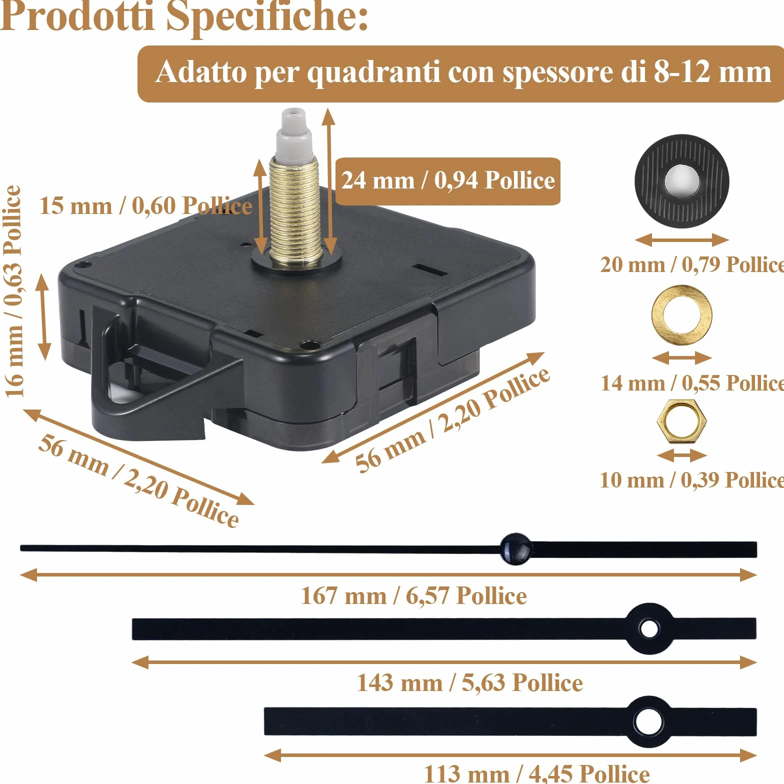 LUSEE Movimento Meccanismo Orologio da Parete con 1 Set di Lancette Orologio per Parti Riparazione dell'Orologio Parete Sostituzione (Lunghezza dell'asse: 24 mm / 0,94 Pollici)