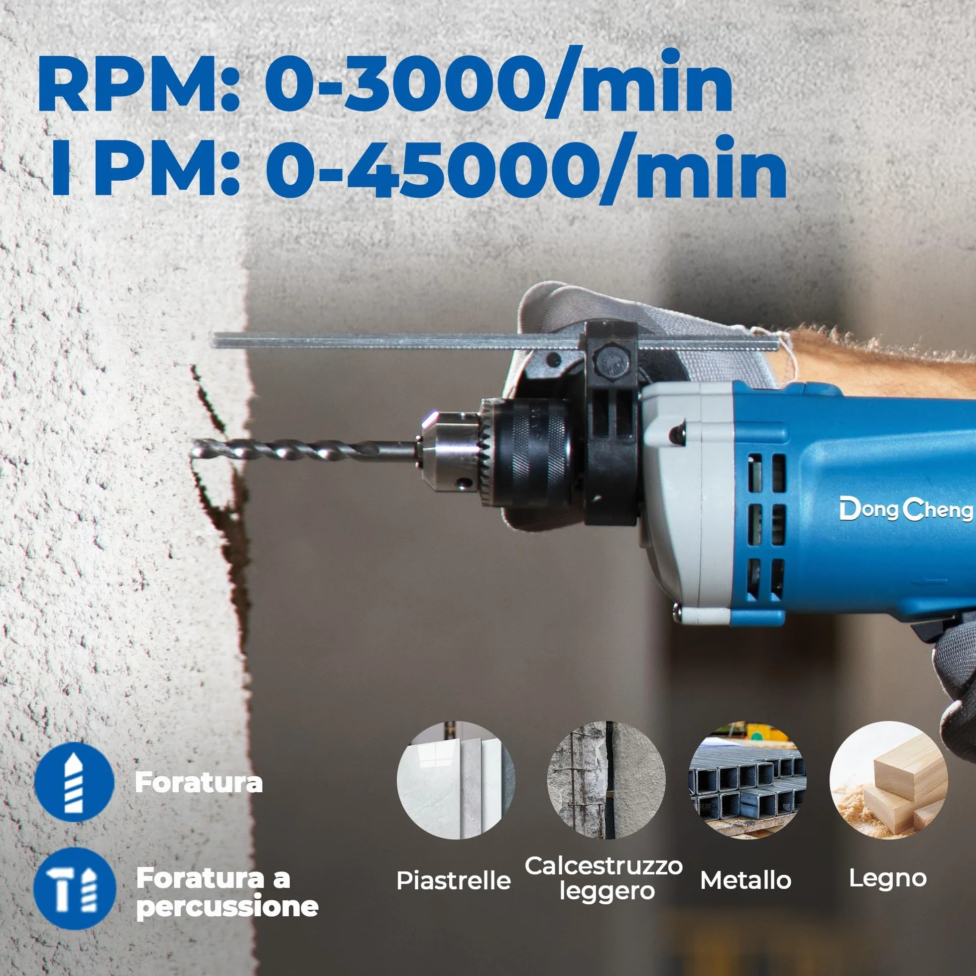 DongCheng Trapano a percussione 710W, trapano 2-in-1, mandrino da 13mm, 45.000 IPM, 3000 RPM, manico girevole a 360°, con 15 punte per metallo, legno e mattoni