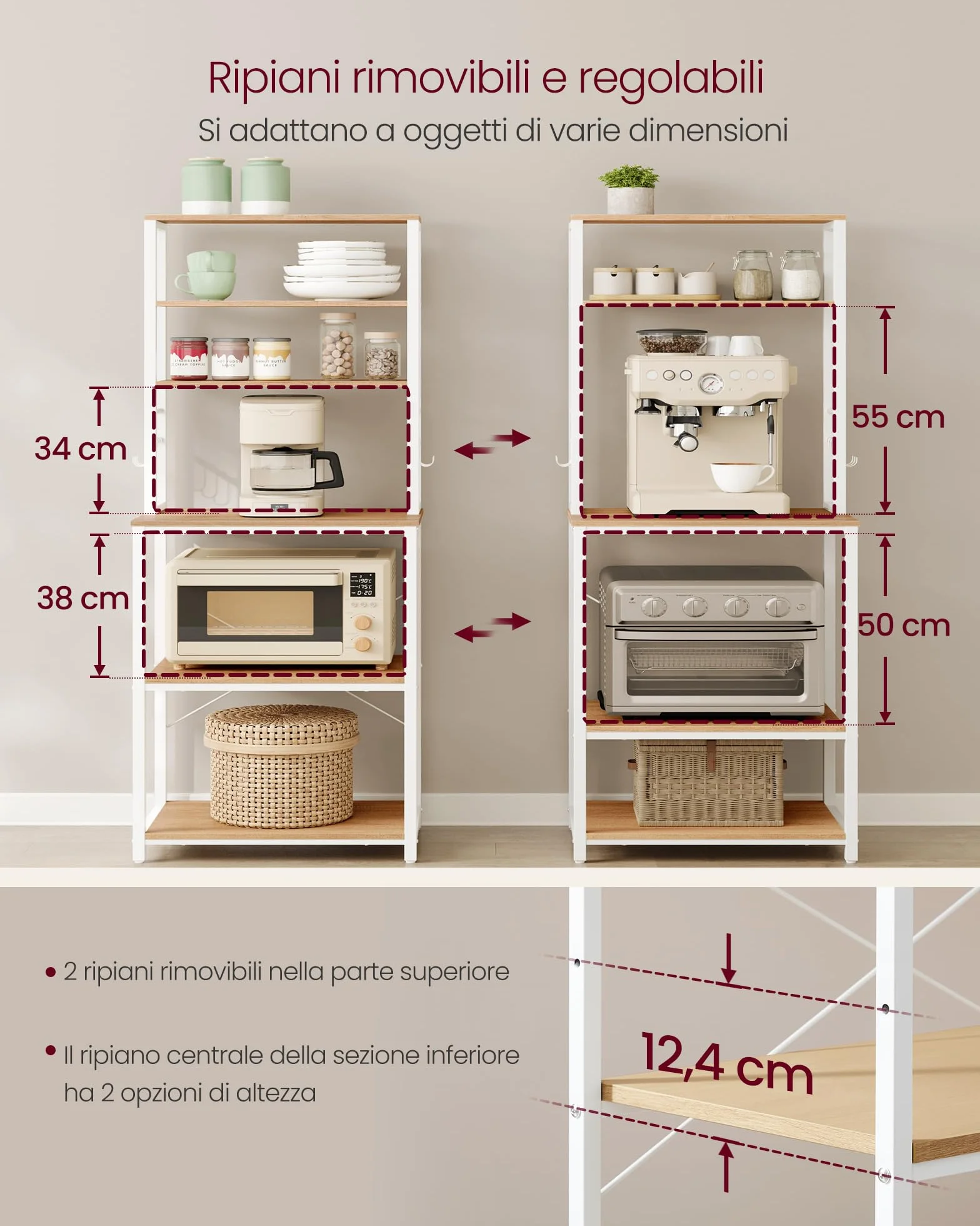 VASAGLE Scaffale Cucina, Mobile Cucina, Scaffale per Microonde, 6 Ripiani, 6 Ganci, Struttura in Acciaio, Stile Rustico, 40 x 60 x 167 cm, Rovere Dorato e Bianco Nuvola KKS024W09