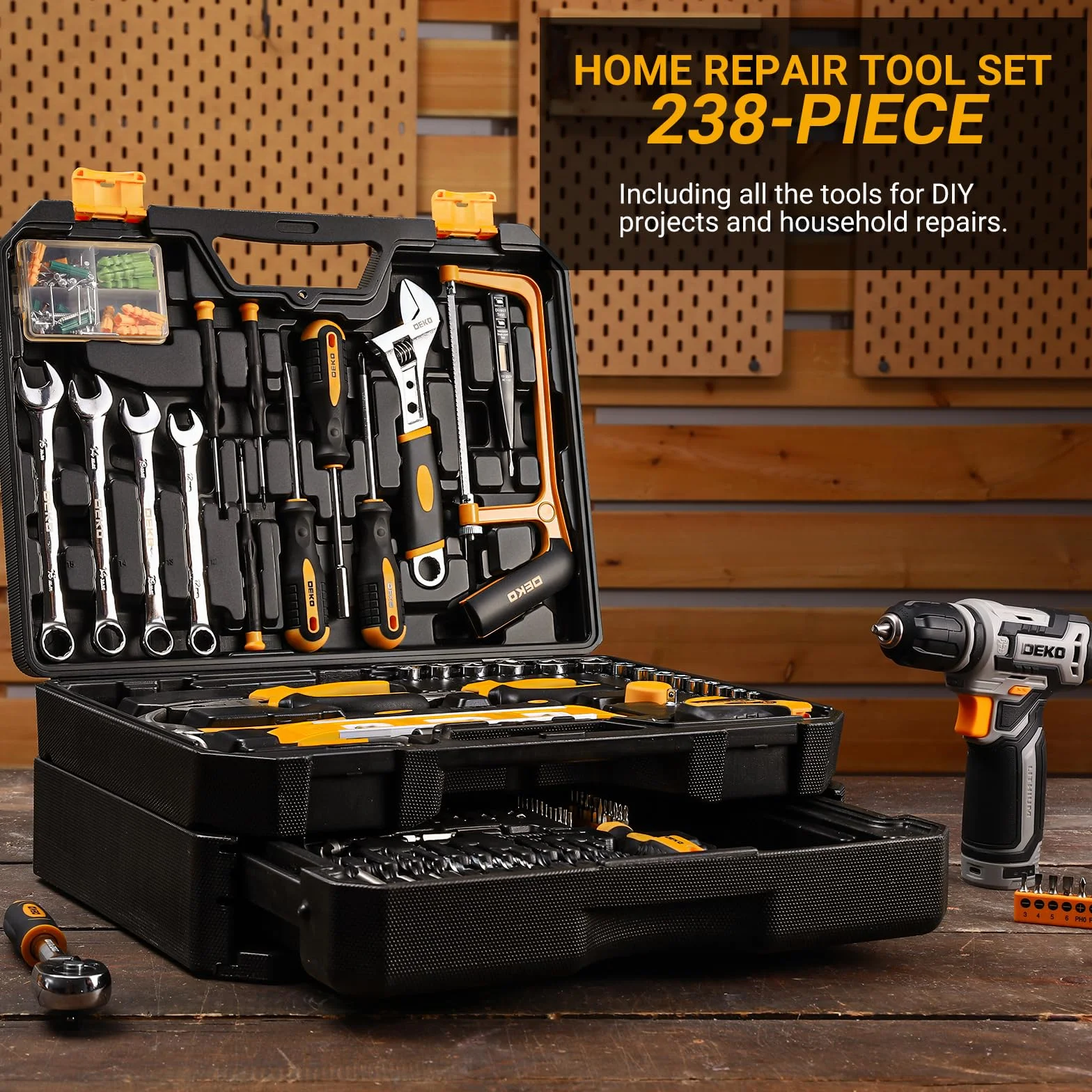 DEKO Cassetta Attrezzi Completa con Trapano Avvitatore Batteria 12V, 238 Pezzi Valigetta con Set Completo di Punte