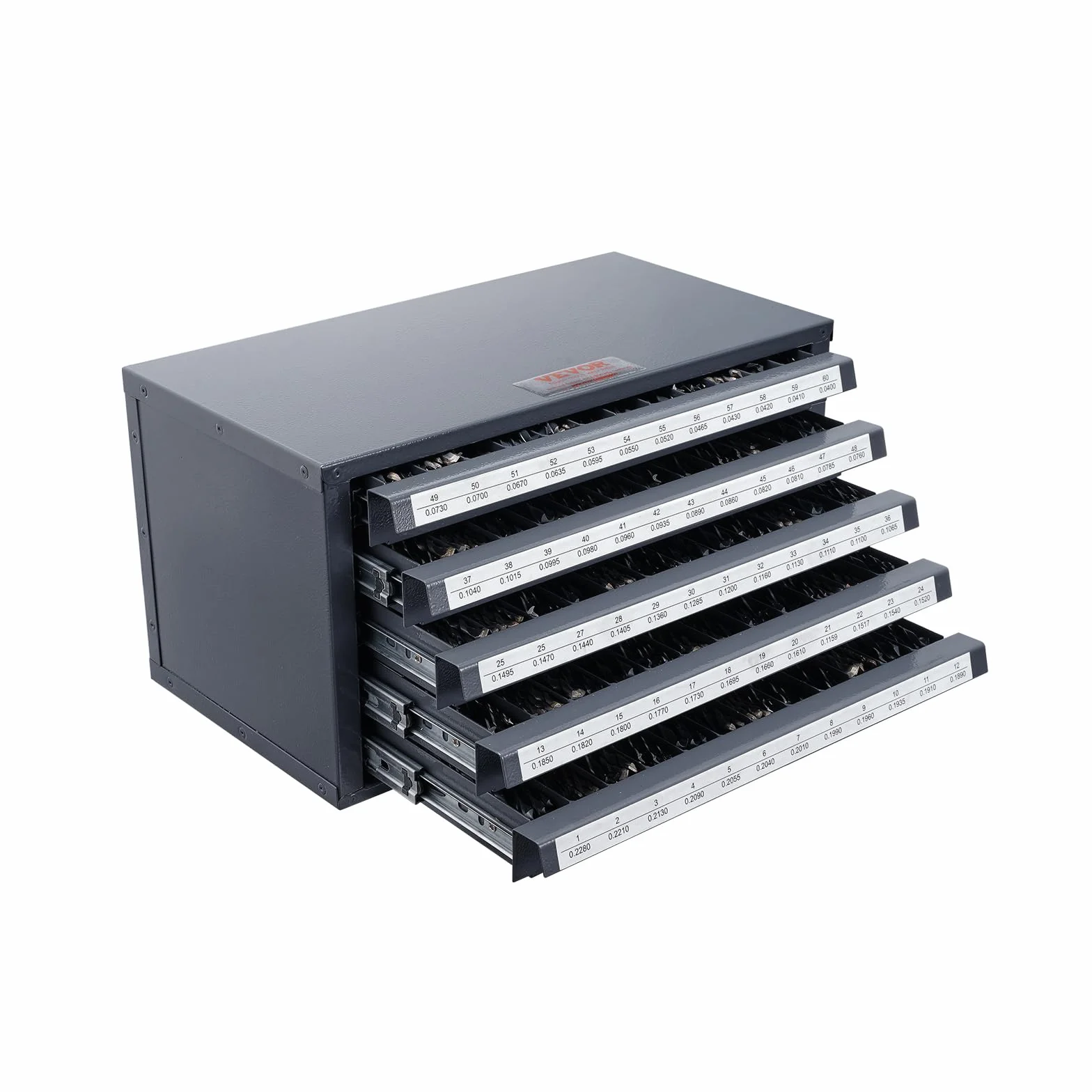 VEVOR Dispenser Cassetta per Punte da Trapano 60 Scomparti Etichettati #1-#60, Scatola per Punte da Trapano 5 Cassetti per Trapano 37,5x20x20 cm Impilabile Conservazione di Punte da Trapano Officina