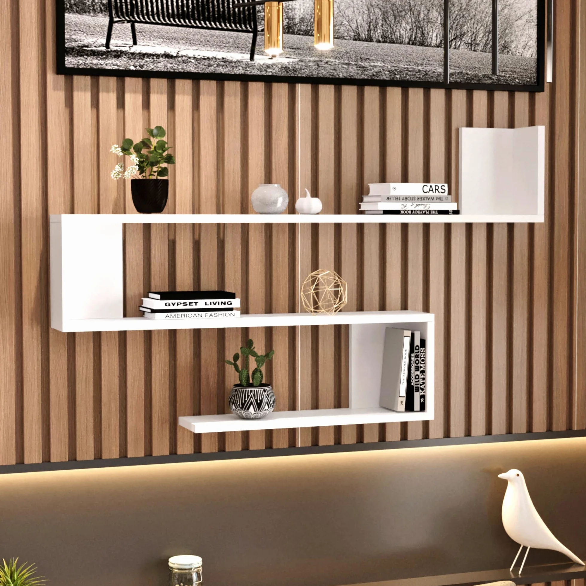 [en.casa] Mensola da Parete a S con 3 Ripiani Scaffale a Muro Libreria Pensile Consolle da Parete 72 x 120 x 15 cm Bianco