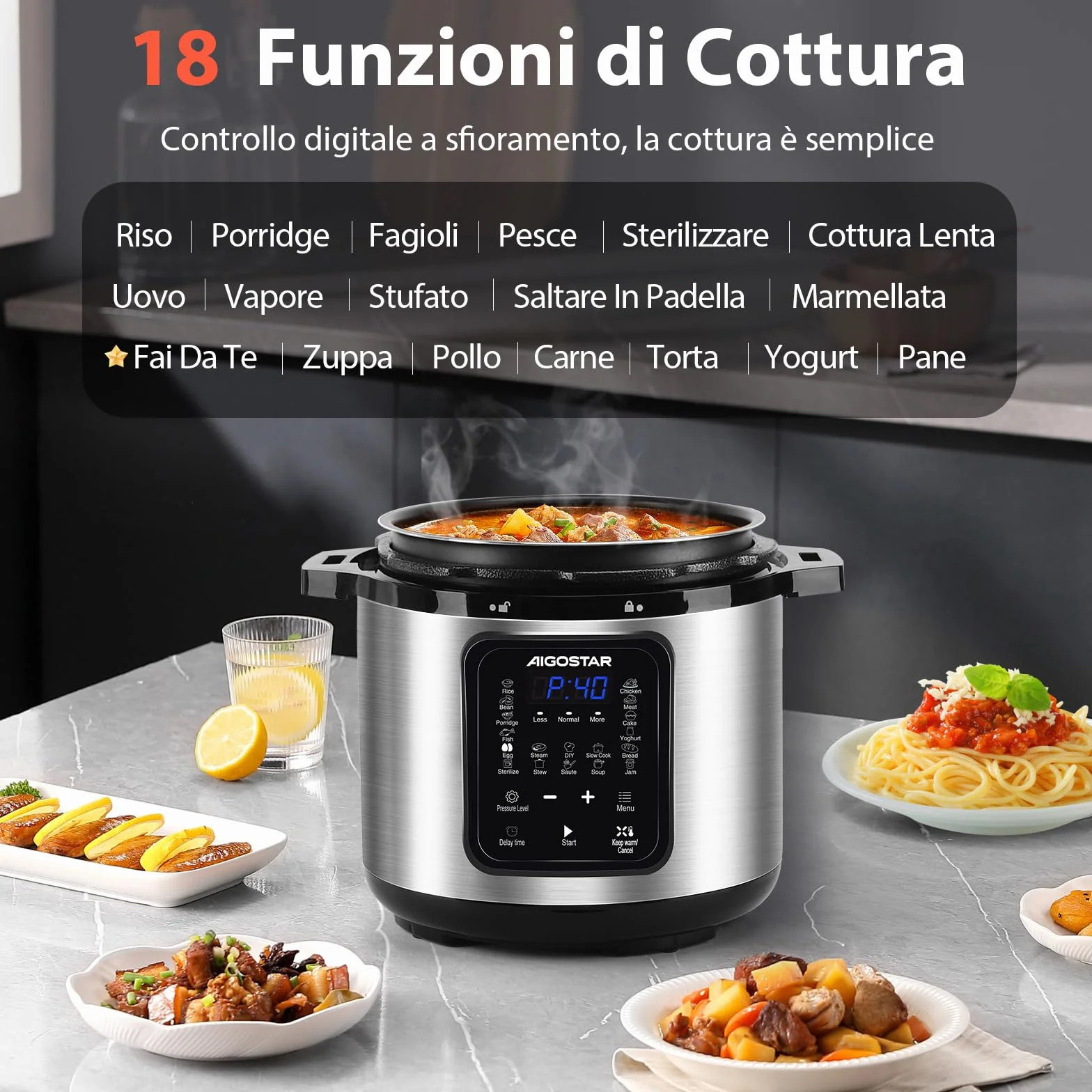 Aigostar Pentola a Pressione Elettrica 6L 1000W, 18 Programmi Automatici, 3 Livelli di Pressione Regolabili, 24H Timer, Funzione Mantieni Caldo, Display LED, Interno Antiaderente, Sliver
