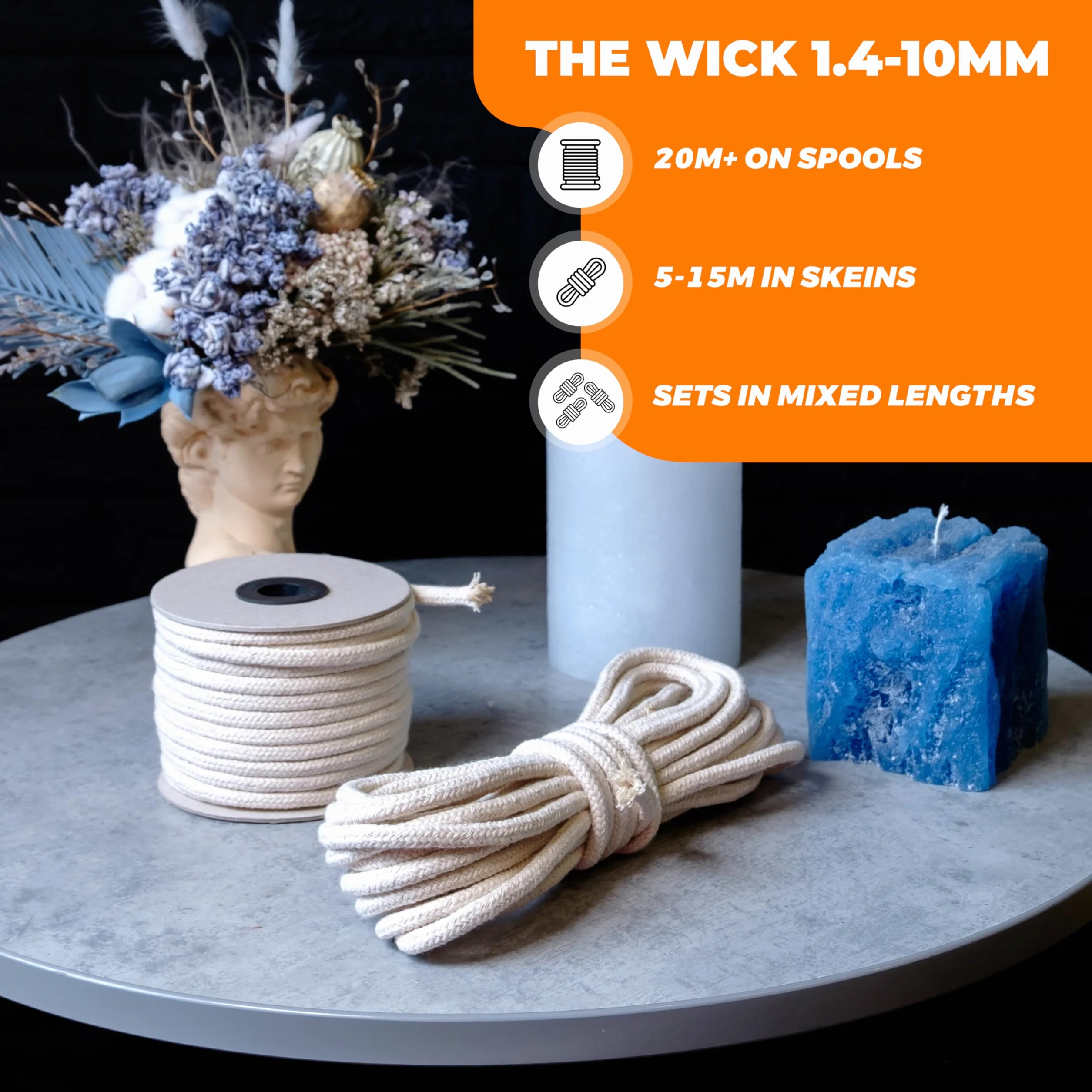 Stoppino per candele rotondo da 1,4-10 mm, stoppino in cotone intrecciato per la fabbricazione di candele, non cerato, candele fai da te, lampada a olio