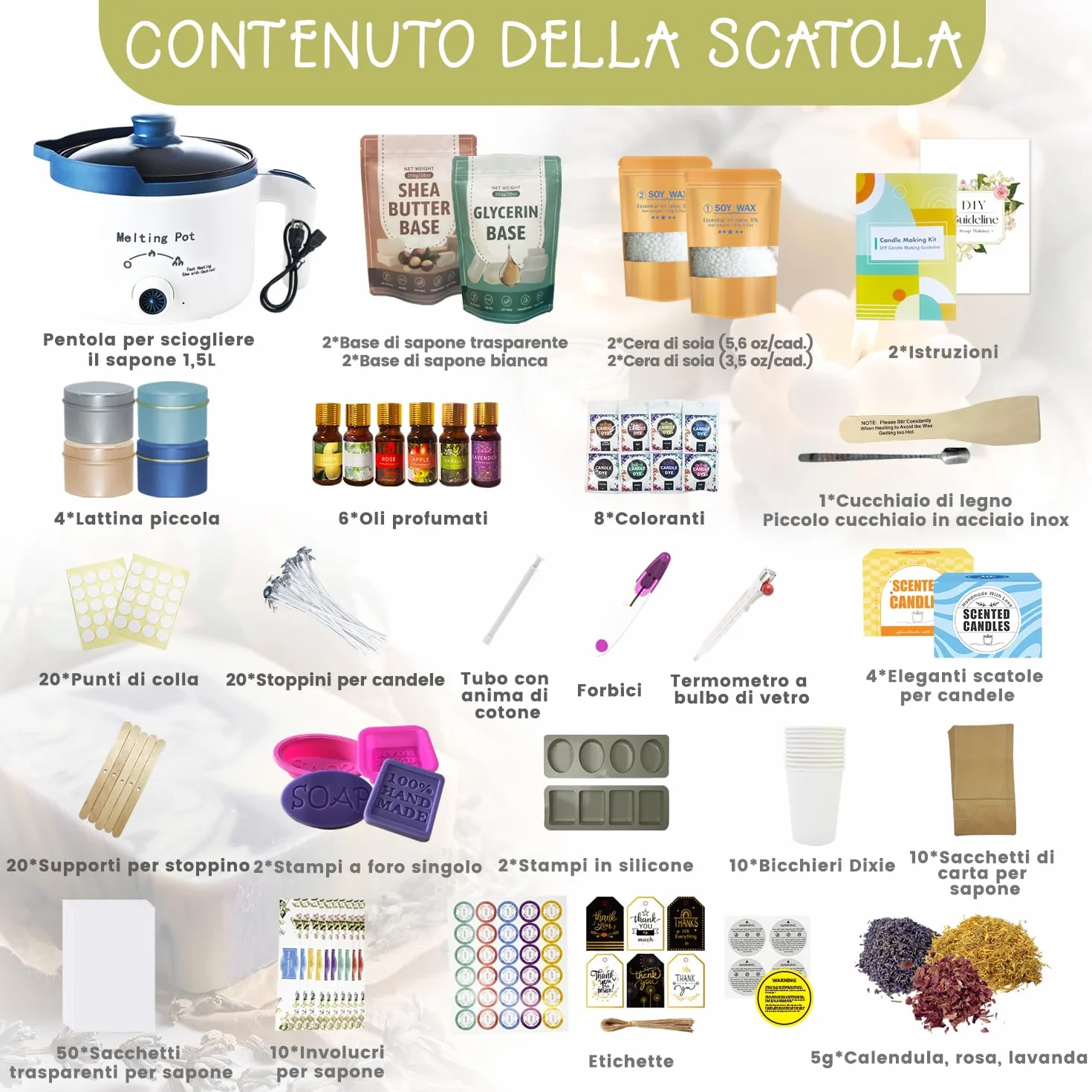 LFISGNN Set Di Candele E Sapone 2 in 1 Per Principianti, Set Completo Fai Da Te Per Realizzare Bastoncini Di Sapone Fatti A Mano E Candele Profumate Con Pentola E Accessori