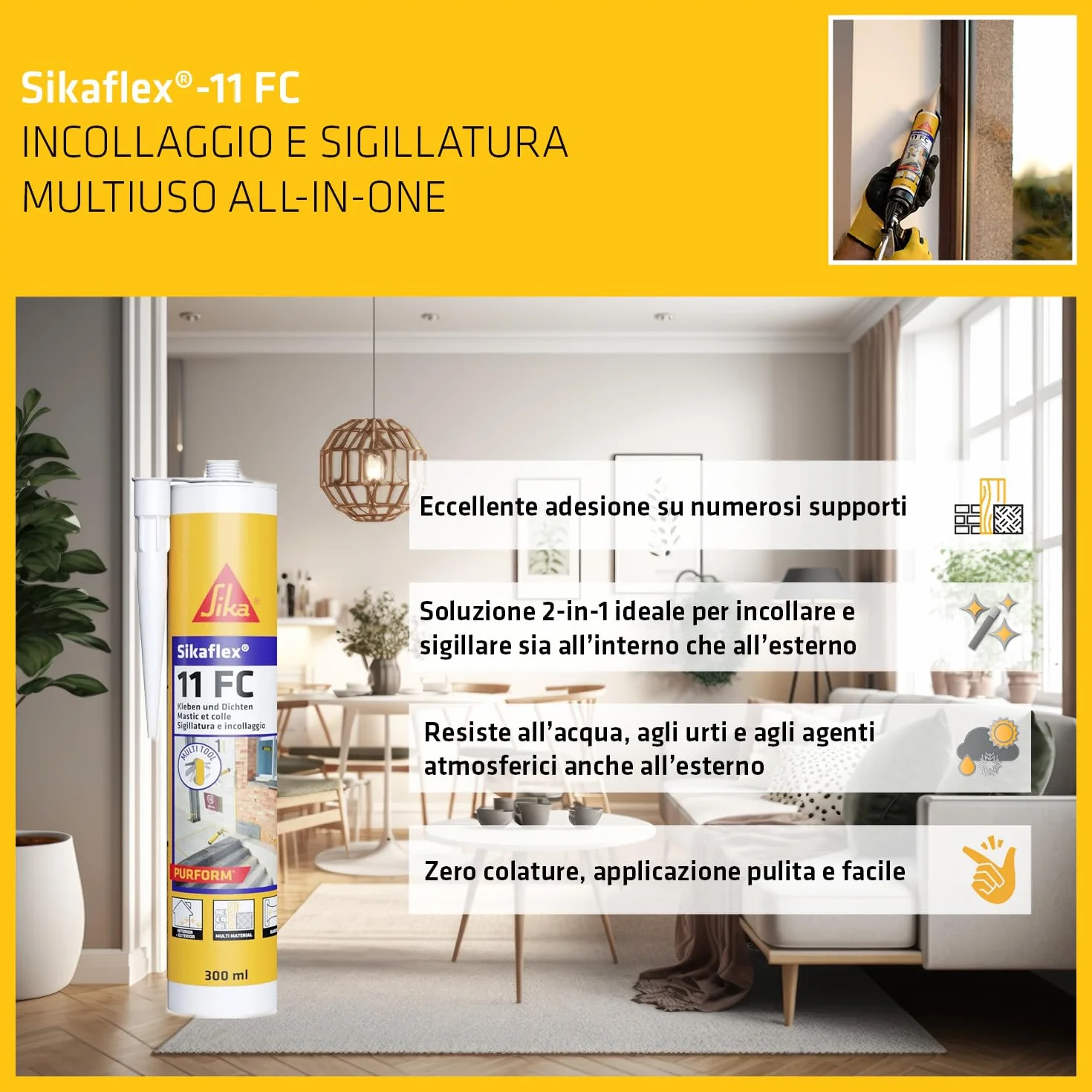 SIKA - Sigillante adesivo universale - Sikaflex 11 FC Purform, Nero - Massima qualità per incollaggi estetici e resistenti su ogni tipo di superficie - 300ml