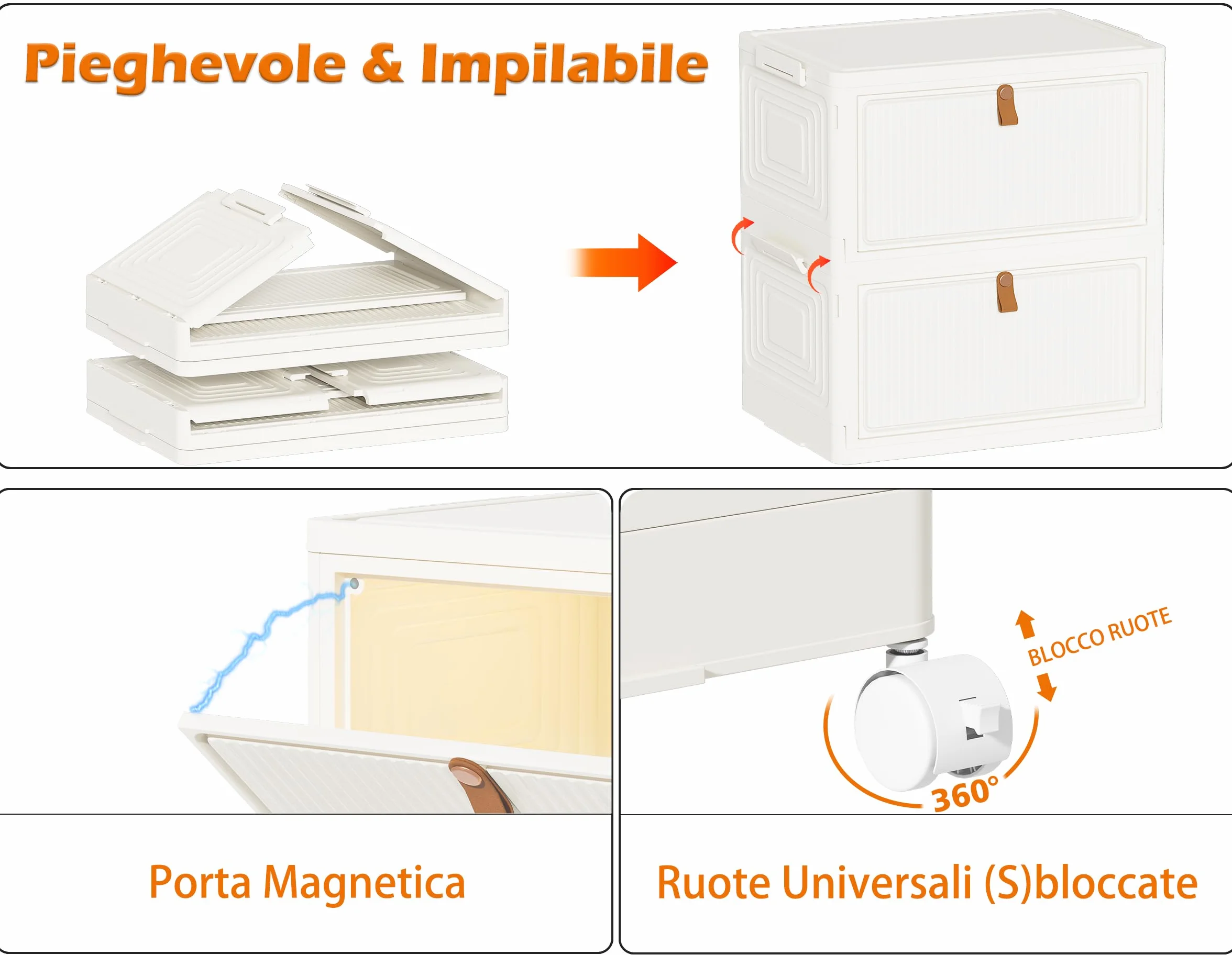 HOMIDEC Scatole Plastica con Coperchio e Ruote, Scatola Portaoggetti Pieghevole, Cassettiera Plastica, 33 L, 3 Unità, Adatto per Riporre Snack, Giocattoli, Libri, Vestiti, Bianco Crema