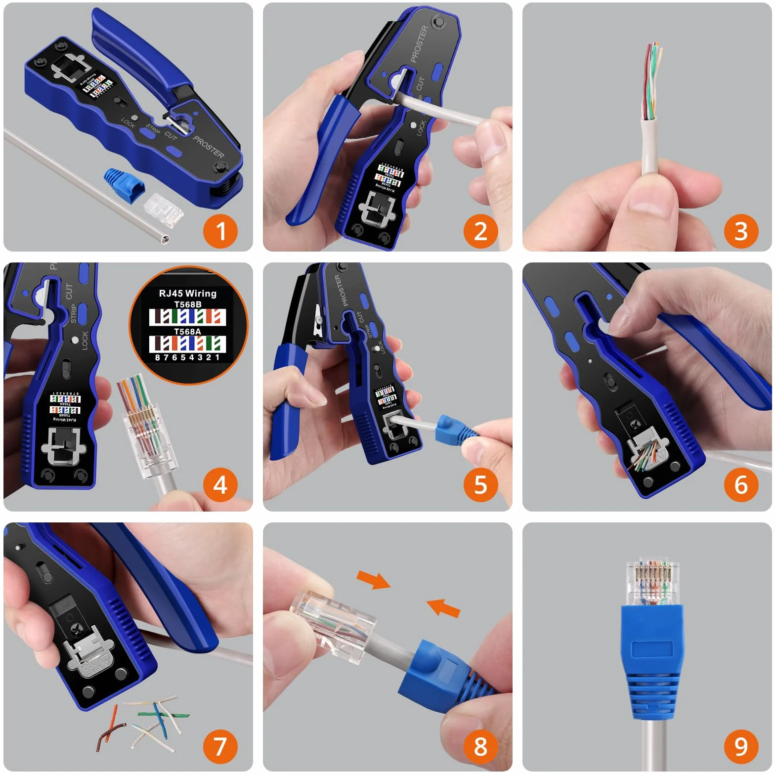 Proster Pinza Crimpatrice RJ45 Professionale Pass Through Multifunzione Spelafili per Cavo Rete per Connettori Strumento Crimpatura per RJ45 CAT5 CAT6/CAT6A RJ45 Kit Crimper Ethernet