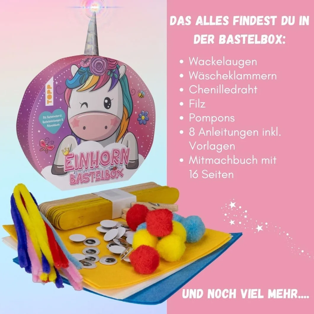 TOPP Einhorn-Bastelbox. Mit Anleitungen, Bastelmaterial und Mitmachbuch: 8 Anleitungen, buntes Bastelmaterial, Mitmachbuch (16 Seiten, A5, Softcover)