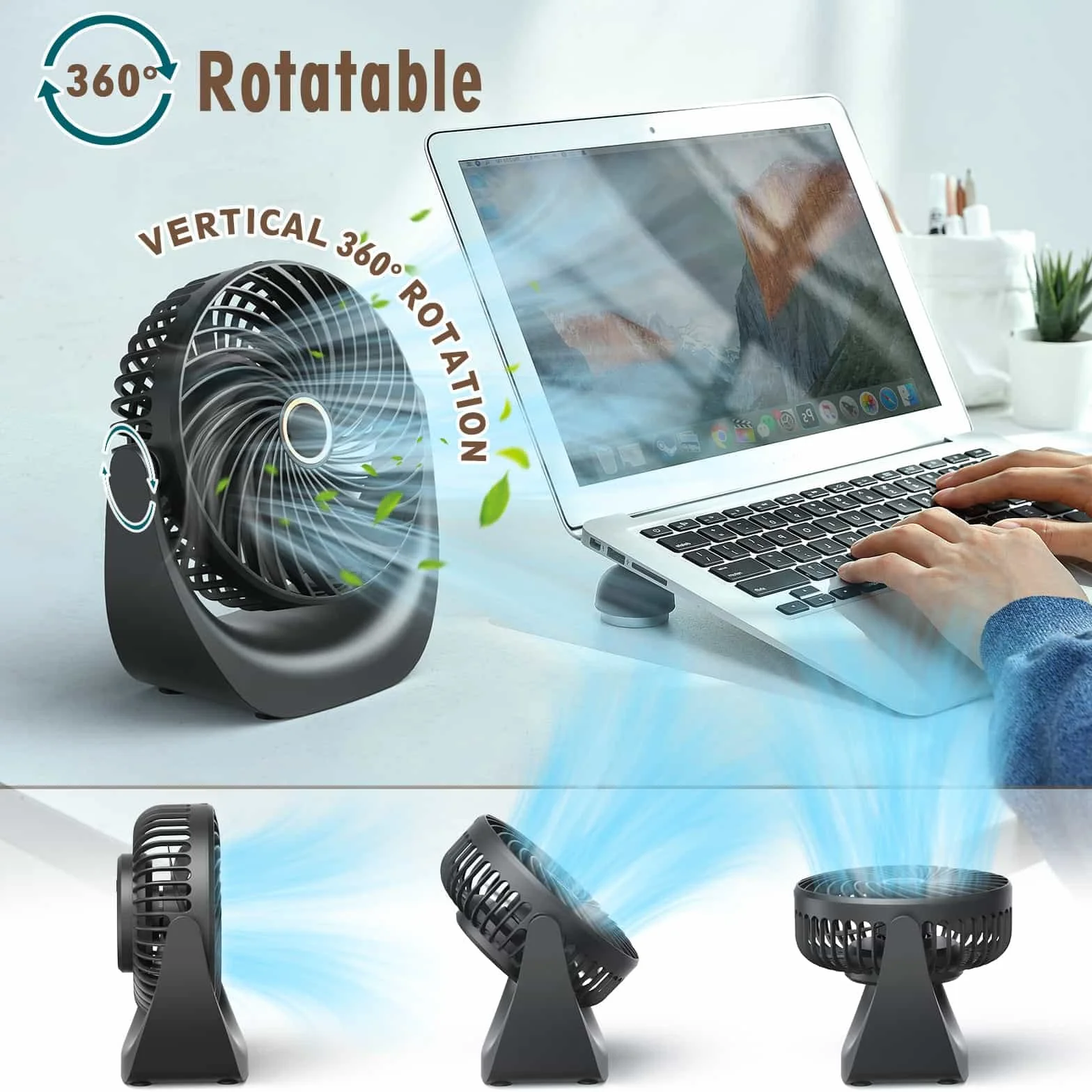 Ventilatore USB Portatile 4000 mAh Ricaricabile 5 Velocità 360° Angolo Regolabile